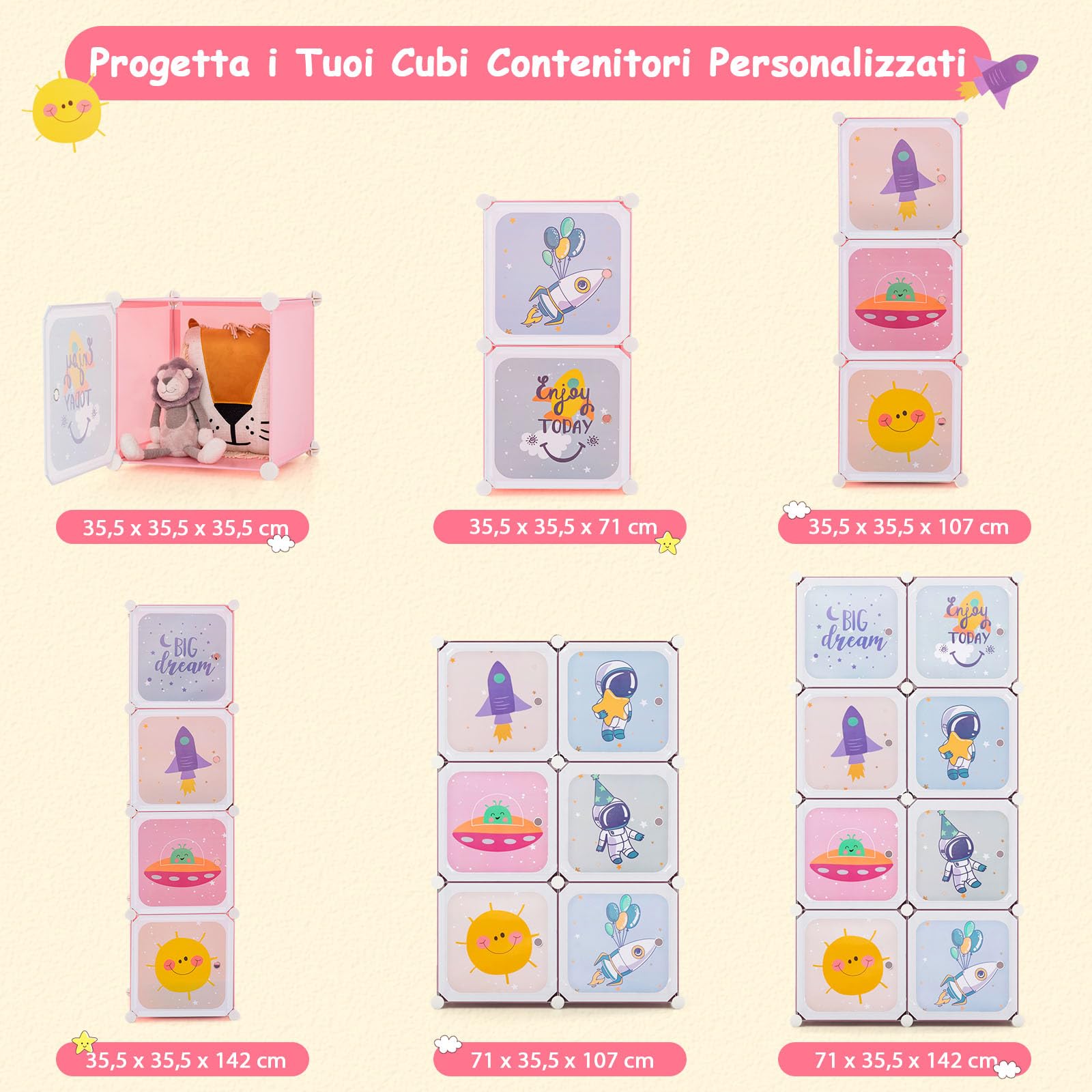 COSTWAY Armadio Portatile per Bambini, Organizzatore Modulari per Bambini a 8 cubi con Ante e Sezione Appendiabiti, Guardaroba Portatile per Sala Giochi Camera da Letto Asilo, 71x35,5x142 cm (Rosa)