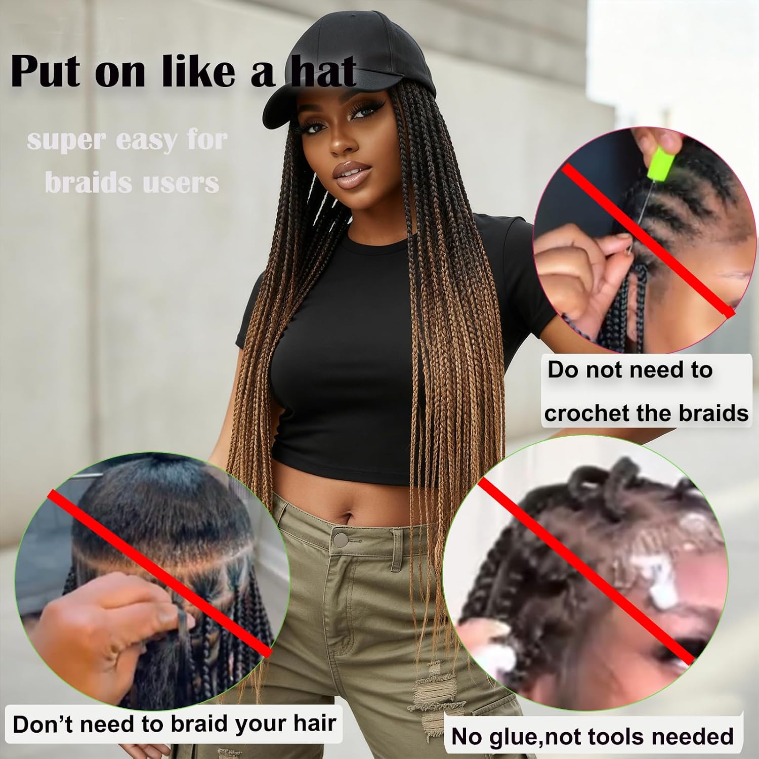 Hat Wig for Women Baseball Cap with Braided Hair Attached 24inch long Synthetic Ombre Box Braid Wig Hat Adjustable Cap with Black Brown Bight Brown Braids for Daily Outdoor Use