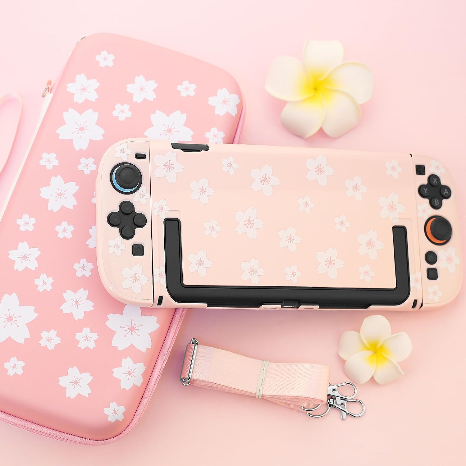 RHOTALL Cherry Blossom Carrying Case for Nintendo Switch 2,Cute Sakura Protective Travel Case,Pink White Flower Dockable Shell Cover for Switch 2,Screen Protector,Shoulder Strap,2 Thumb Caps-Girls