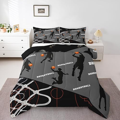 Erosebridal Juego de ropa de cama de baloncesto tamaño Queen, juegos de edredón deportivos para niños, color gris y negro, juego de ropa de cama de