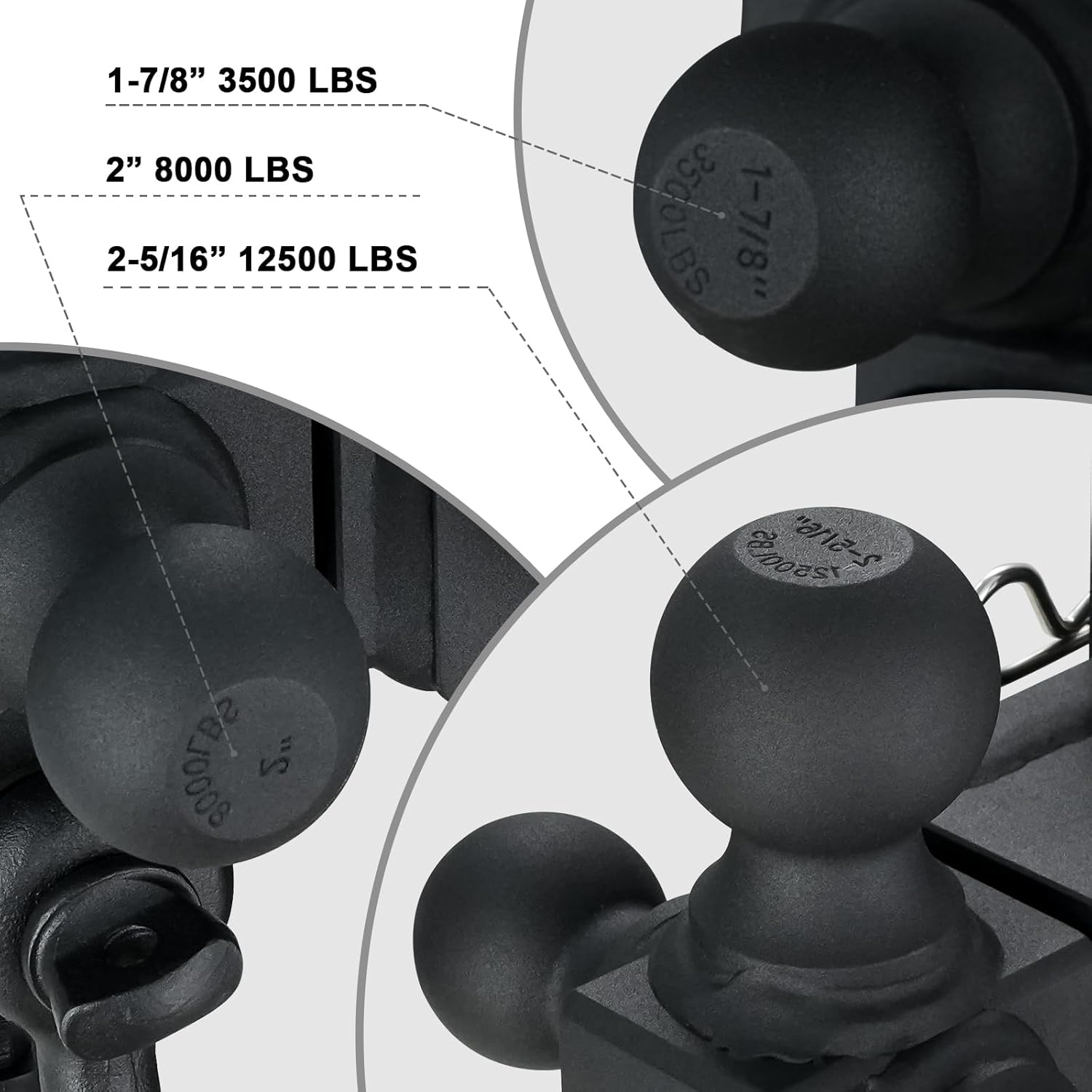 Adjustable Trailer Hitch Tri-Ball Mount with Round Shackle, Fits 2-in Receiver, 6" Drop, 1-7/8" & 2" &2-5/16" Ball