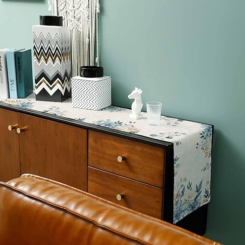 Miniatura 6 de Camino de mesa de Navidad azul de 108 pulgadas de largo, eucalipto de algodón y lino, camino de mesa de arpillera para tocador, comedor, fiesta,