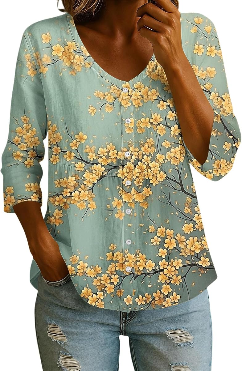 Camisa floral de manga 3/4 con estampado de acuarela y cuello en V con botones y túnica en la parte superior, dobladillo ancho, ligero, para mujer, uso diario