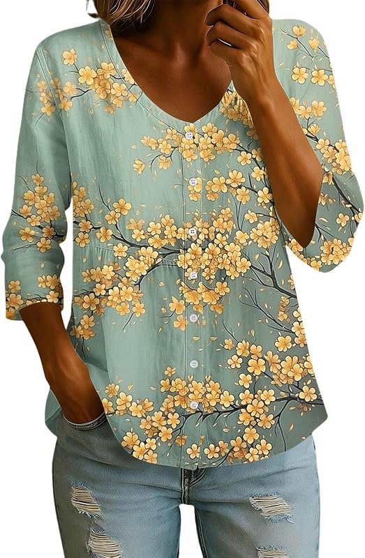 Camisa floral de manga 3/4 con estampado de acuarela y cuello en V con botones y túnica en la parte superior, dobladillo ancho, ligero, para mujer, uso diario