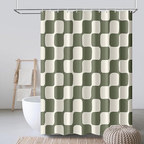 Miniatura 3 de Tititex Cortina de ducha retro de tela de lino sintético de 4.53 ozm, con patrón de cuadrícula de ajedrez, color beige y verde salvia, juego de