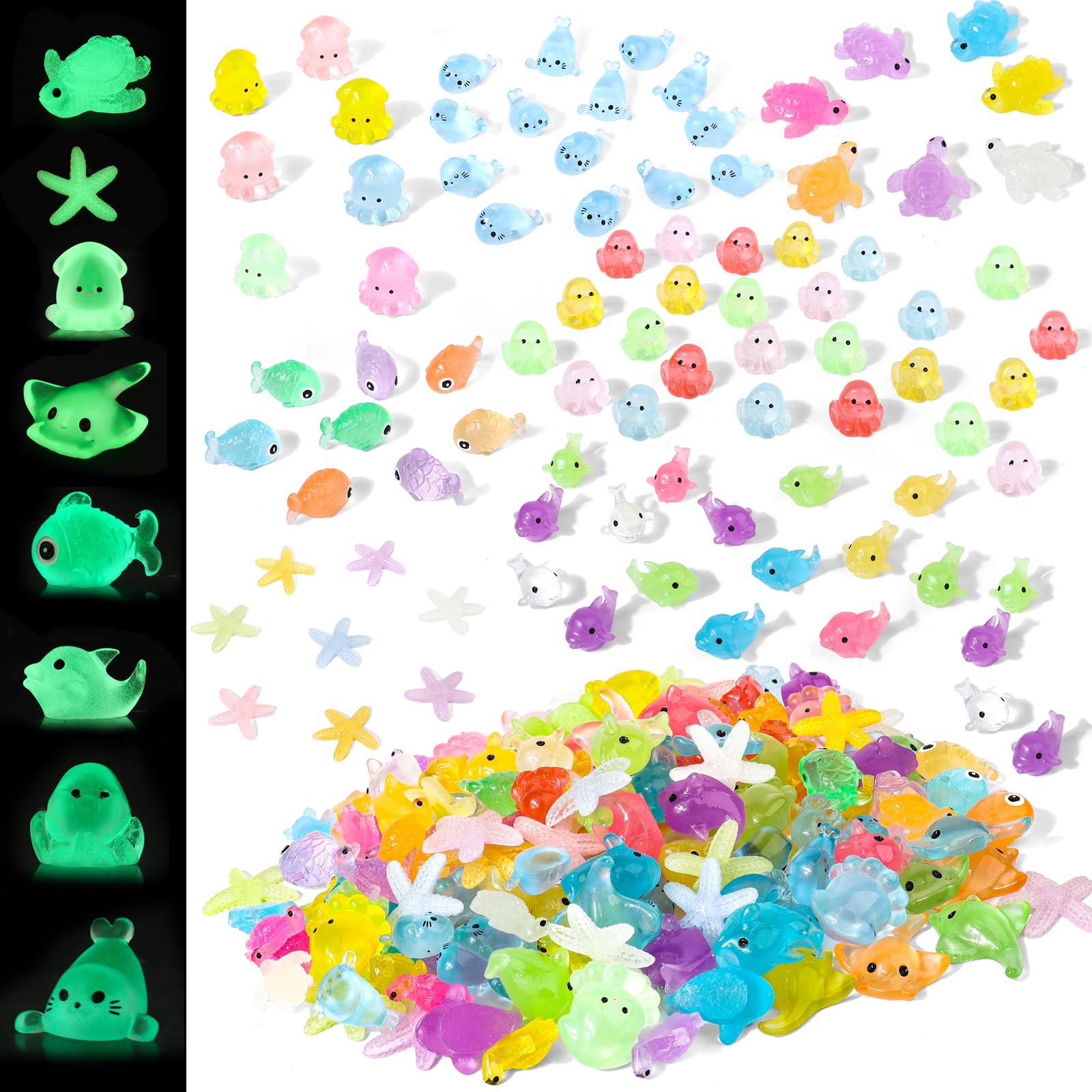 Vergissmeinnicht Multicolored 150Pcs Glow In The Dark Mini Ocean Animals Figurines 8 Styles Luminous Resin Sea Creatures Miniature Figures For Aquarium Fairy Garden Dollhouse Micro Landscape Party Decor