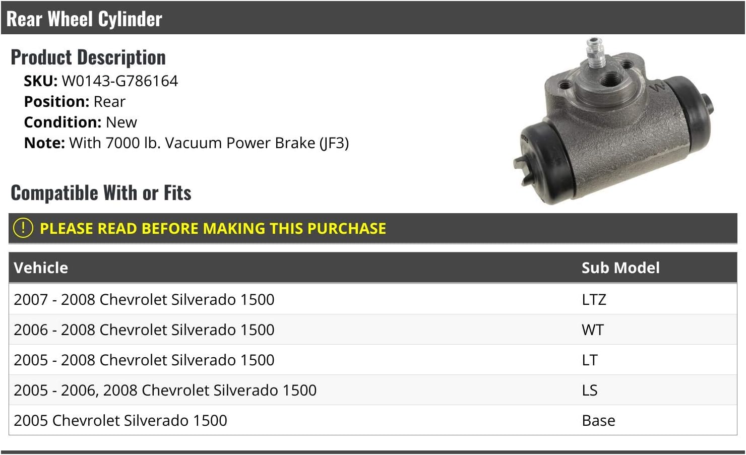 Marketplace Auto Parts Rear Wheel Cylinder - Compatible with 2005-2008 Chevy Silverado 1500 (with 7000 lbs Vacuum Power Brake)