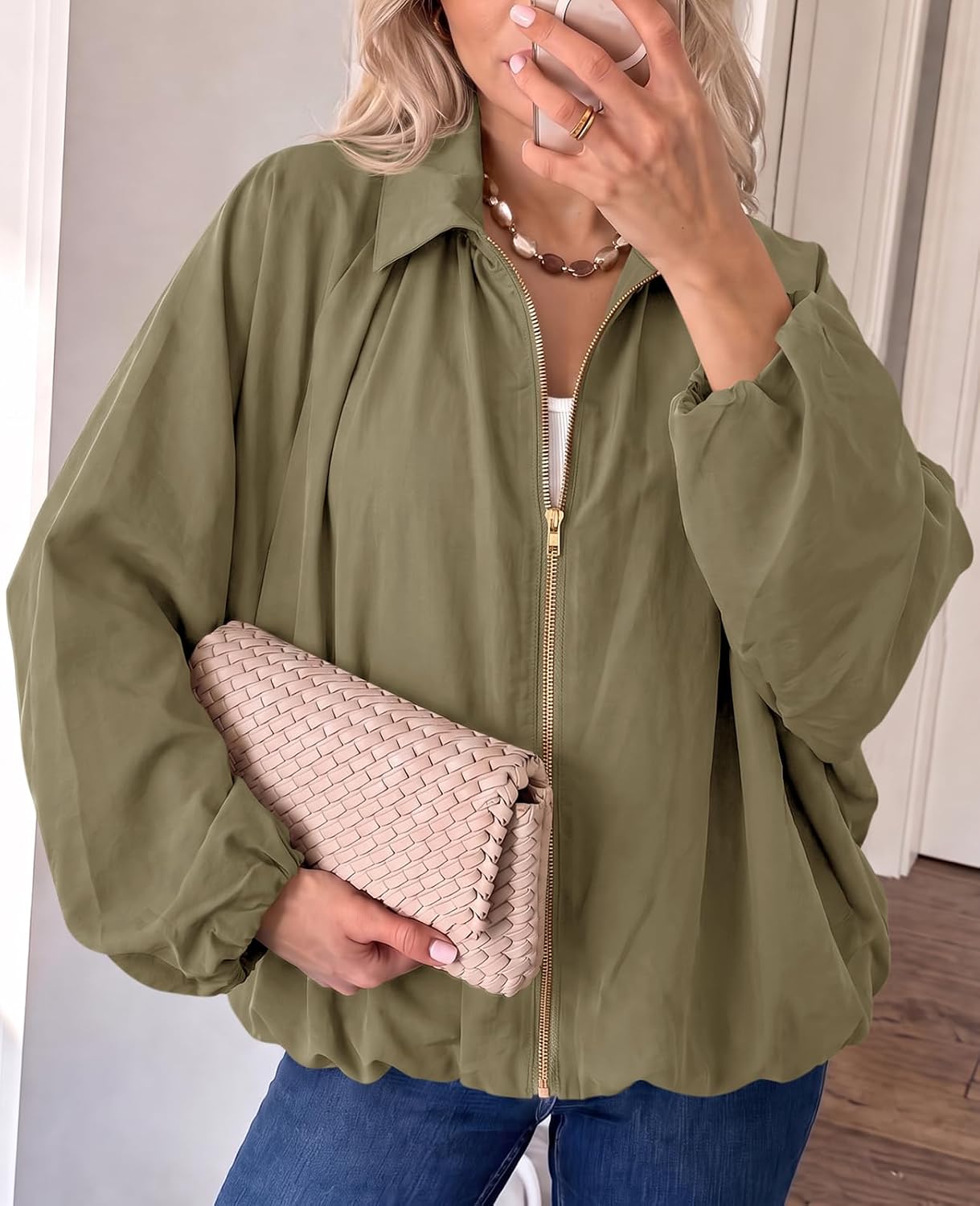 Tankaneo Womens Bomber Jackets Oversized Batwing Puffed Zip Up image 2
