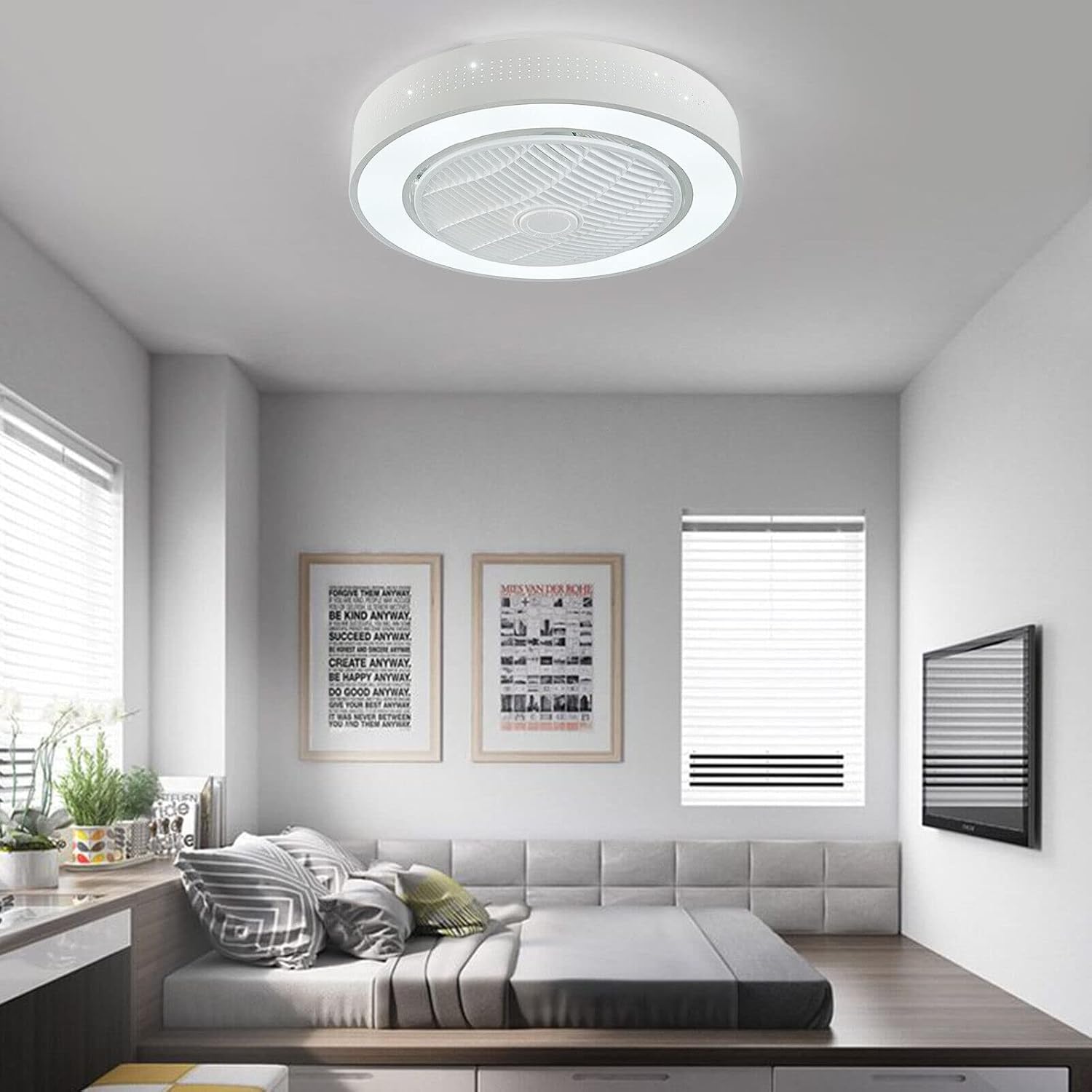 22'' Modern Flush Mount Ceiling Fan Remote Control Dimmable 3-Color LED Light Energy-Saving for Bedroom Living Room Kitchen