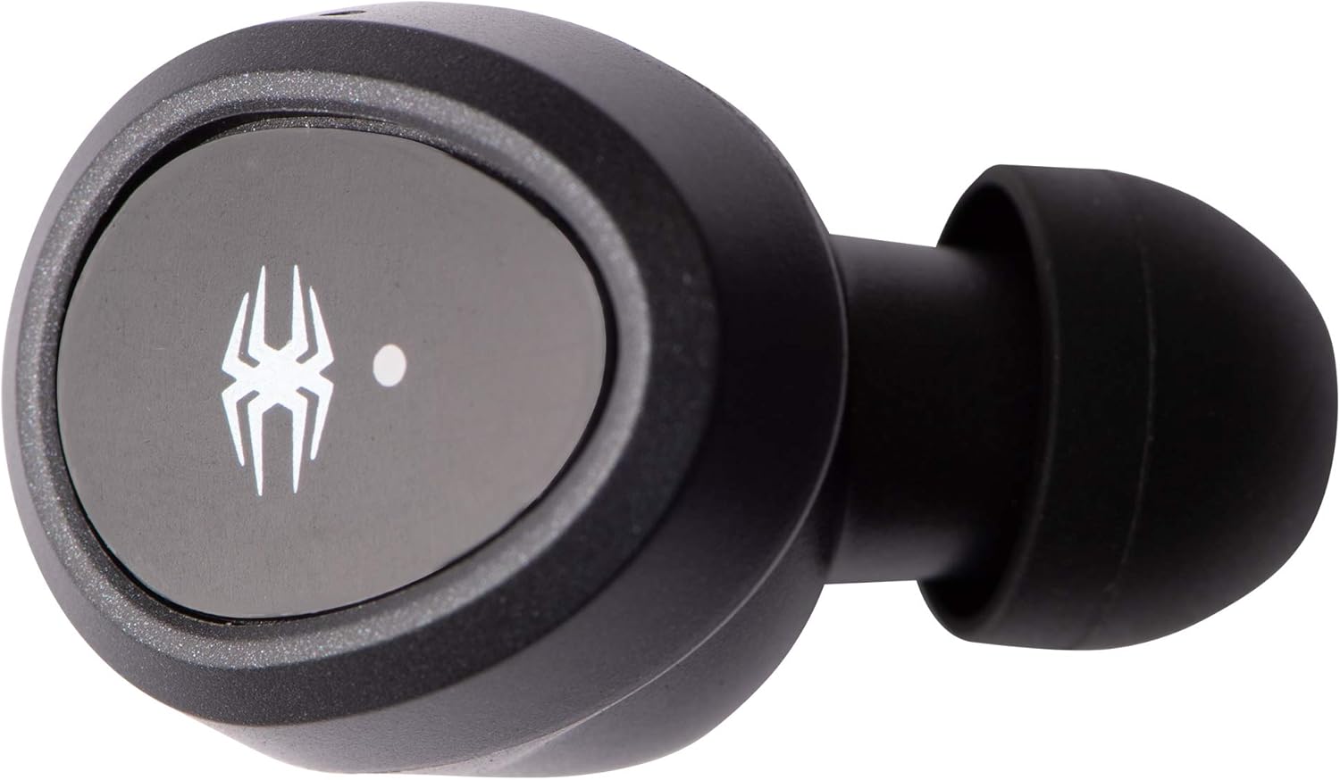 Close-up of a single Spider BT100 earphone, top view.
