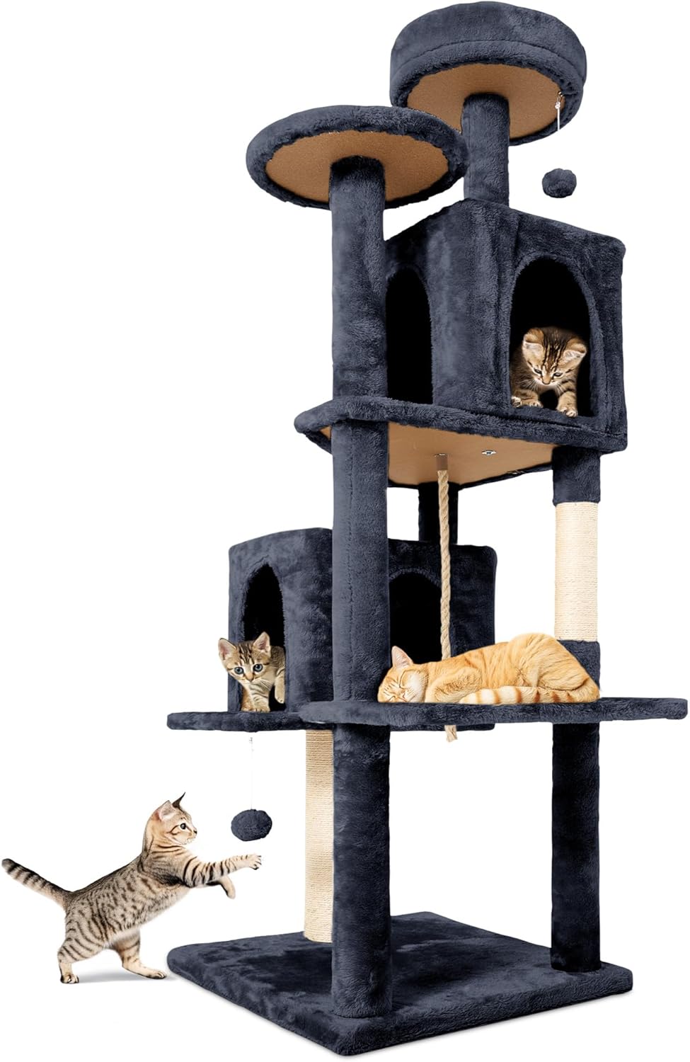 58.5inch Large Cat Tree Tower Condo for Indoor Cats, Soft Plush Multi-Level Climbing Tree Cat House with 1 360° Rotating Cat Cave, Scratching Post, More Entrance/Exit, Sisal Rope, Smoke Gray