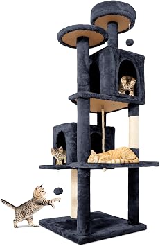 58.5inch Large Cat Tree Tower Condo for Indoor Cats, Soft Plush Multi-Level Climbing Tree Cat House with 1 360 Rotating Cat Cave, Scratching Post, More Entrance/Exit, Sisal Rope, Smoke Gray