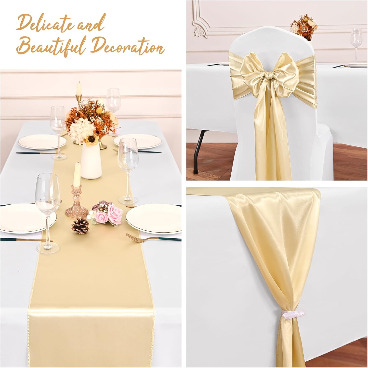 20 Pack Champagne Satin Silk Table Runner 12 x 108 Inch, Long Smooth Silk Table Runners for Wedding, Banquets, Birthday Party, Graduations