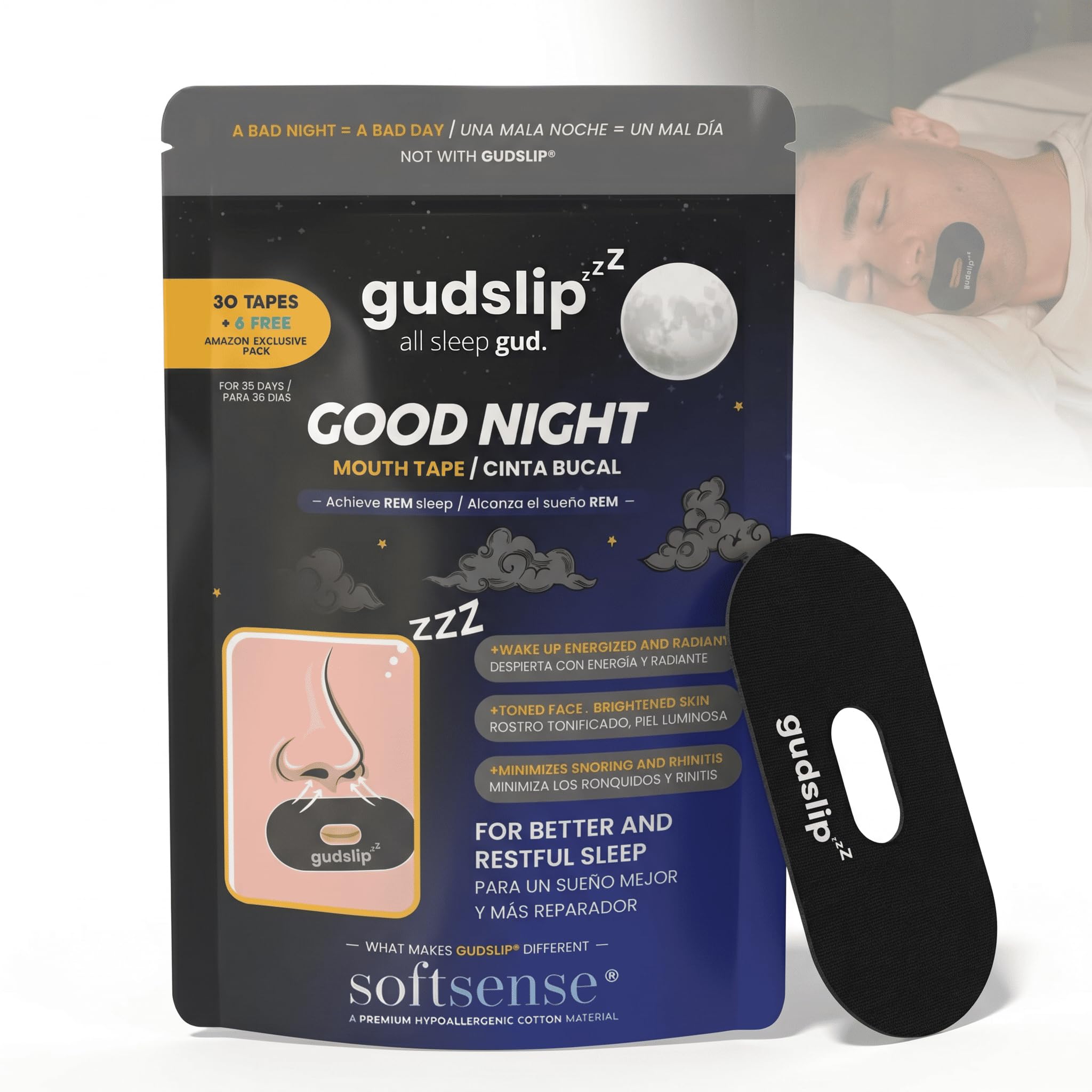 GudSlip® Mouth Tape - Tiras Bucales para Dormir (30+6) - Reduce Ronquidos & Sequedad Bucal, Mejora la Respiración Nasal - Adhesivo Elástico Hipoalergénico Apto para Barba en oferta en Amazon