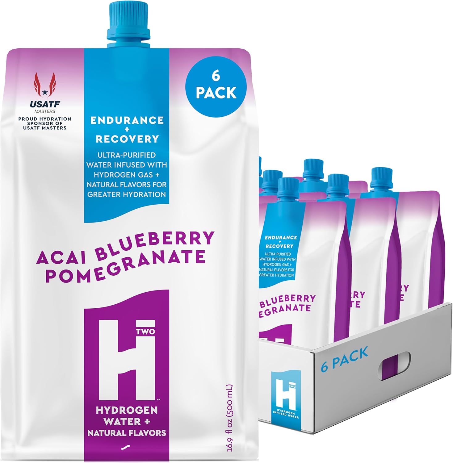 HTWO Premium Molecular Hydrogen Water, Acai Pomegranate Blueberry Flavor, Sugar Free, 16.9oz 6 Pack, Energy Sports Drink, Performance & Recovery Support, Alternative to Hydrogenated Tablet & Hydrogen Bottle, 15 ppm