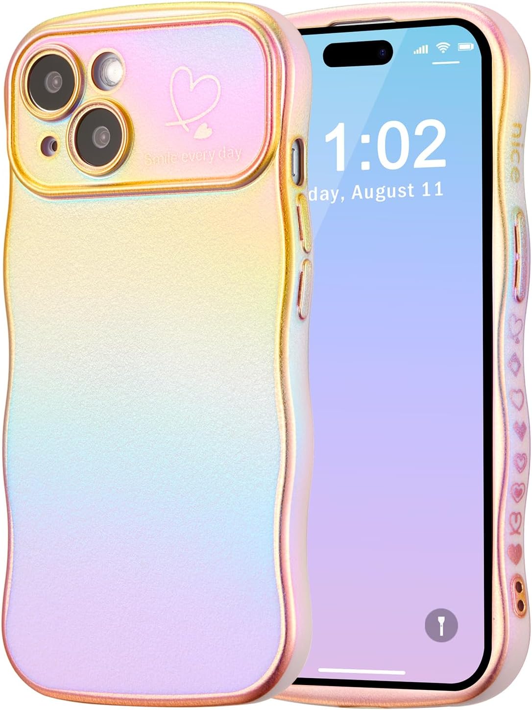 ZTOFERA for iPhone 14 Case 6.1",Cute Curly Wave Frame Case with Love Heart Pattern,Iridescent Plating Edge Case with Full Camera Protection Shockproof Phone Cover for Women Girls,Purple