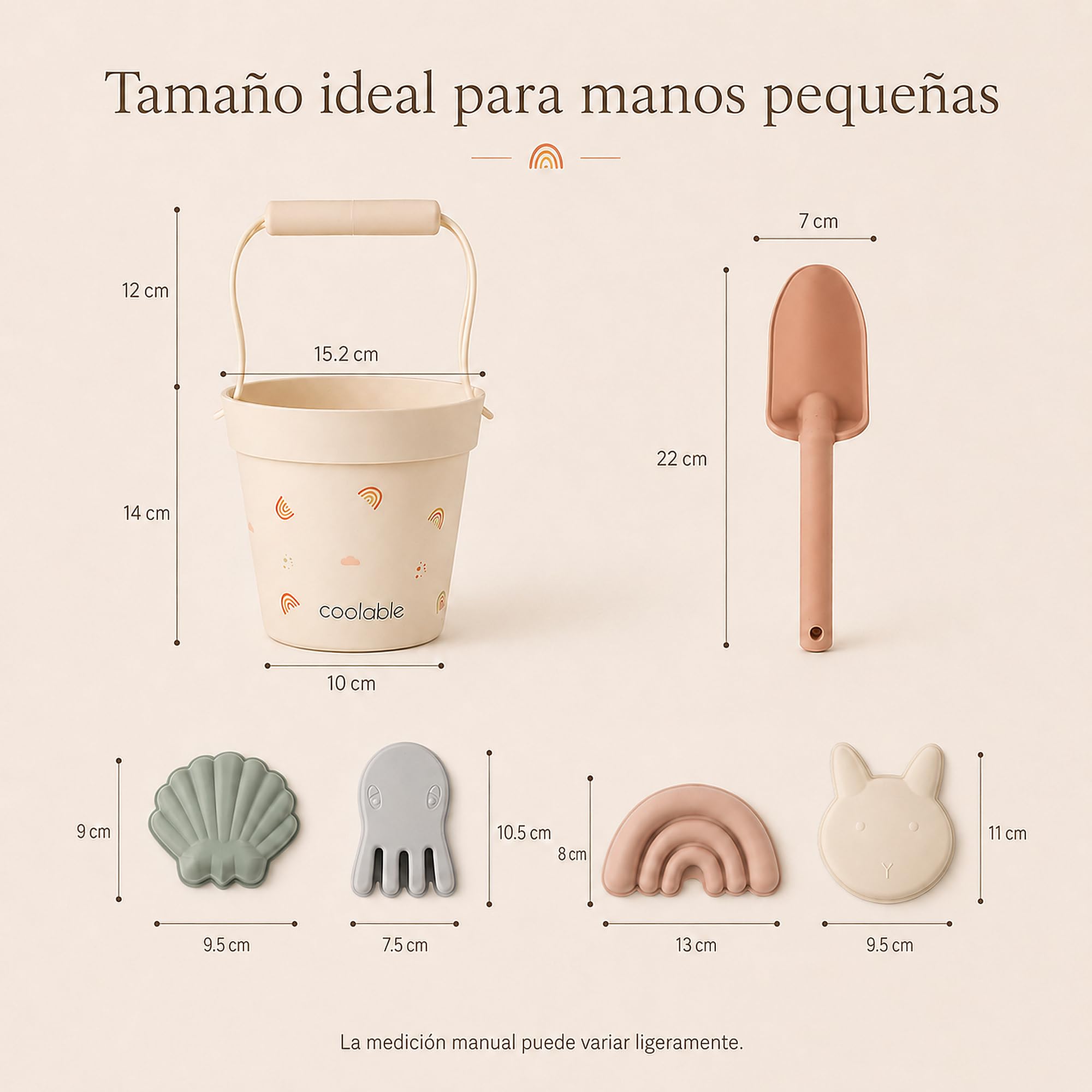 Set de 6 Juguetes de Playa de Silicona para Niños - Cubo Plegable, Pala, 4 Moldes de Arena y Bolsa de Malla - Arcoiris