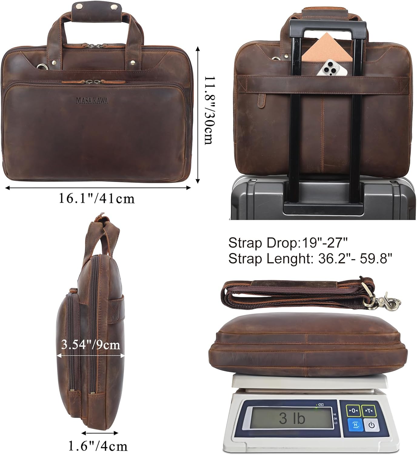 Masa Kawa Leather Laptop Briefcase for Men Fits 15.6" 16" Computer Slim Crossbody Shoulder Messenger Bag Attache Case for Business Work, Vintage Brown - Image 3
