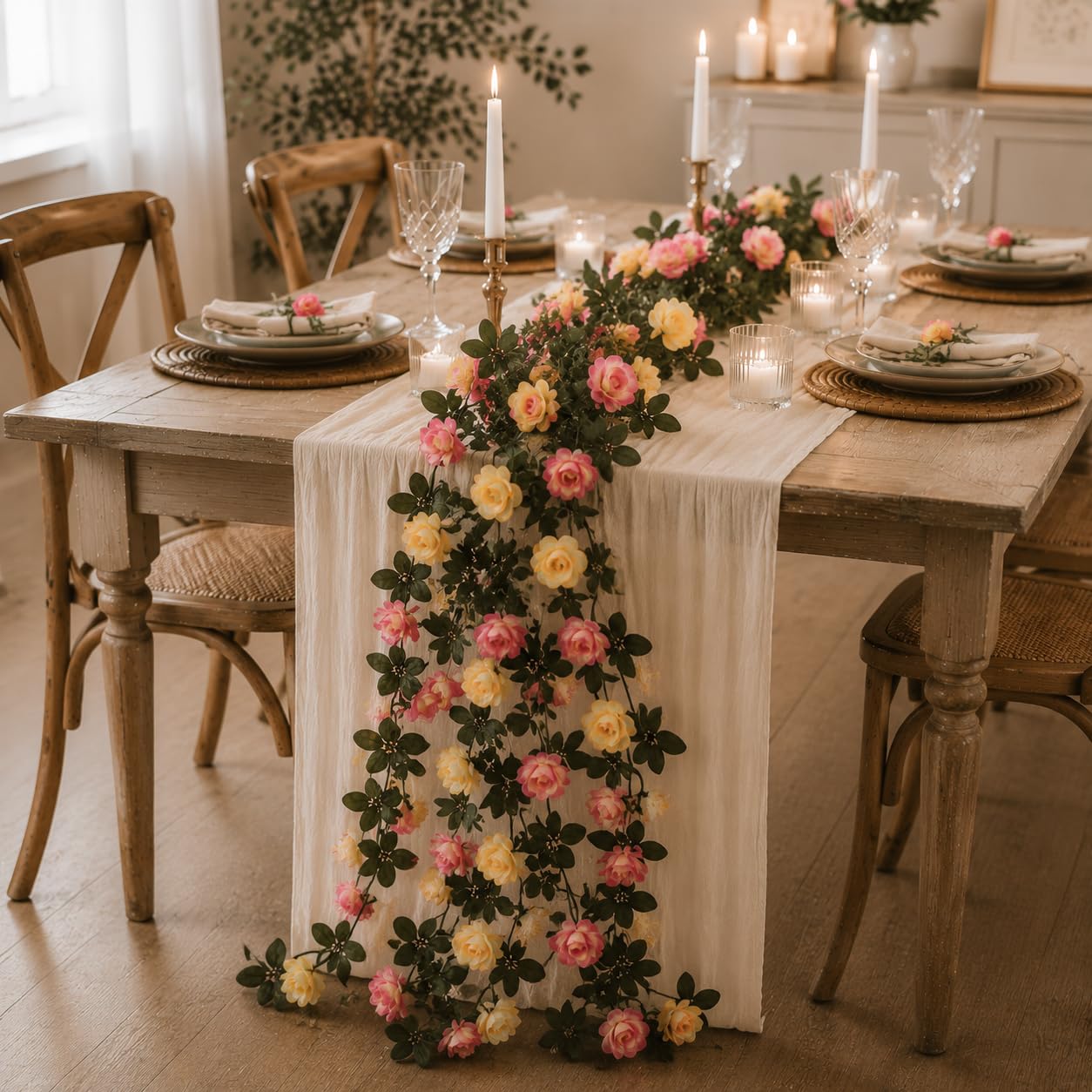 LZJDHKJ 6Pcs Artificial Flower Garland Silk Fake Flower Greenery Vines for Wedding Home Party Table Runner Centerpiece Decoration champagne powder,One Size