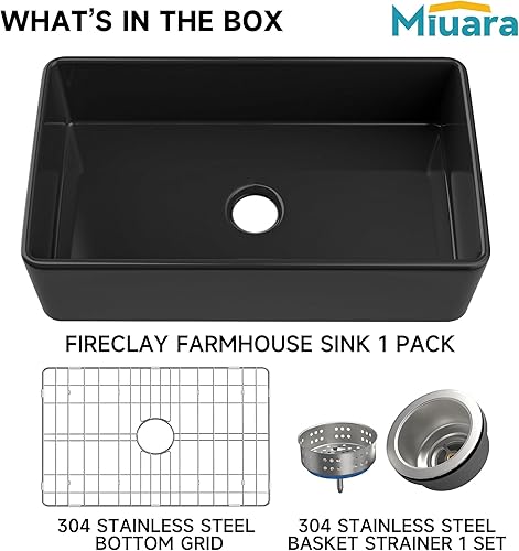 Miniatura 6 de Miuara Fregadero de granja negro de 33 pulgadas, fregadero de cocina de granja de arcilla refractaria empotrada, fregadero grande profundo de un