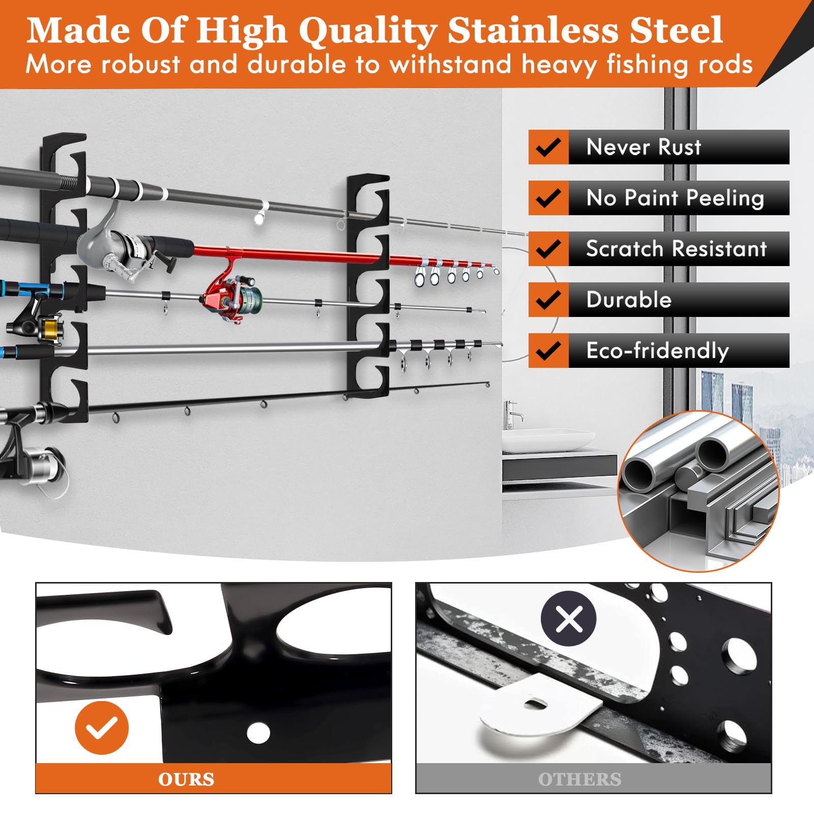 Fishing Rod Holders Vertical Rod Rack, Wall Mounted Fishing Pole Holders Store 5 Rods or Fishing Rod Rack Combos, Fishing Rod Holders for Garage, Wall, any Basement or Cabin Location