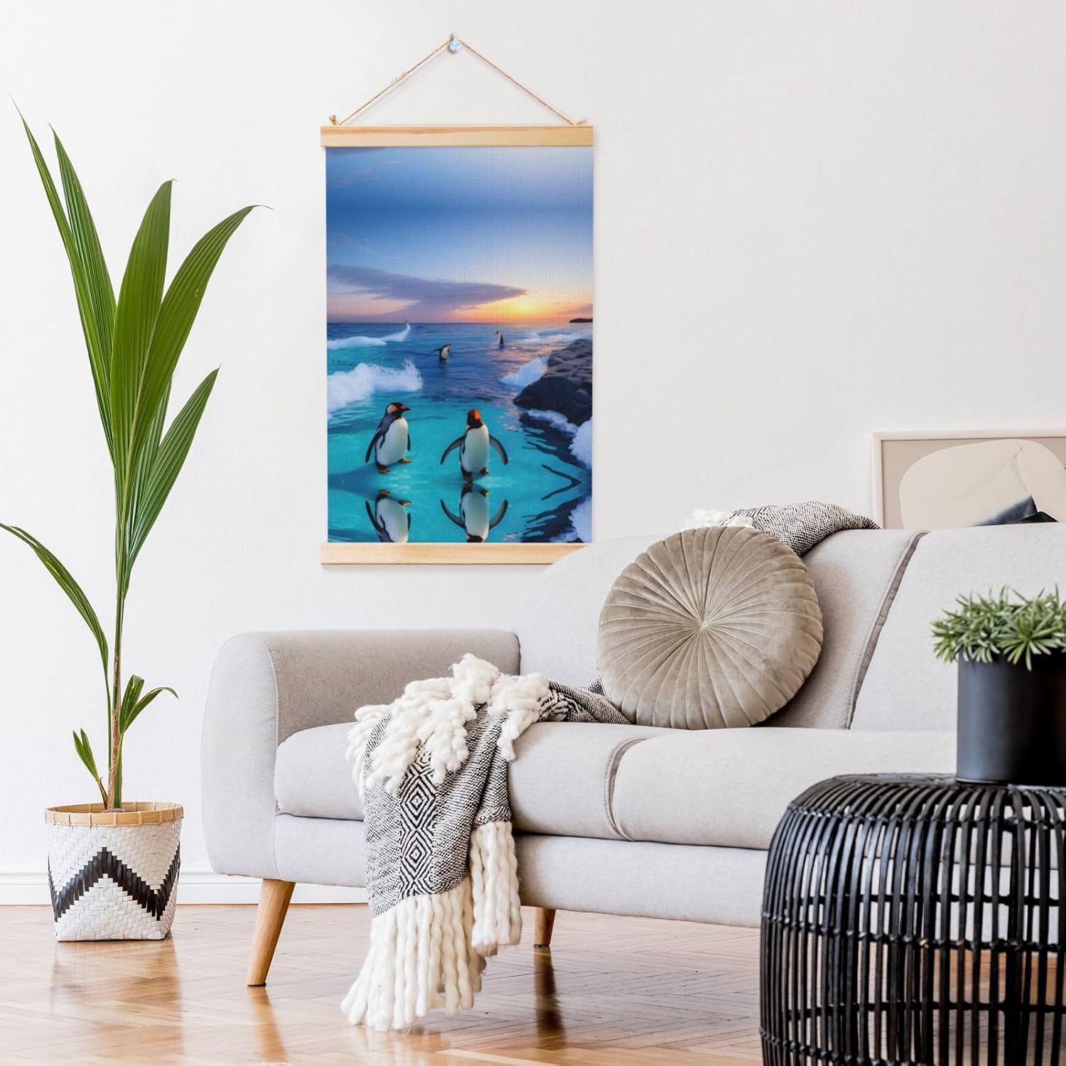 Penguin And Sea Print Poster Hanger,Hanging Poster, Poster Frame,Wood Poster Hanger, For Wall Hanging