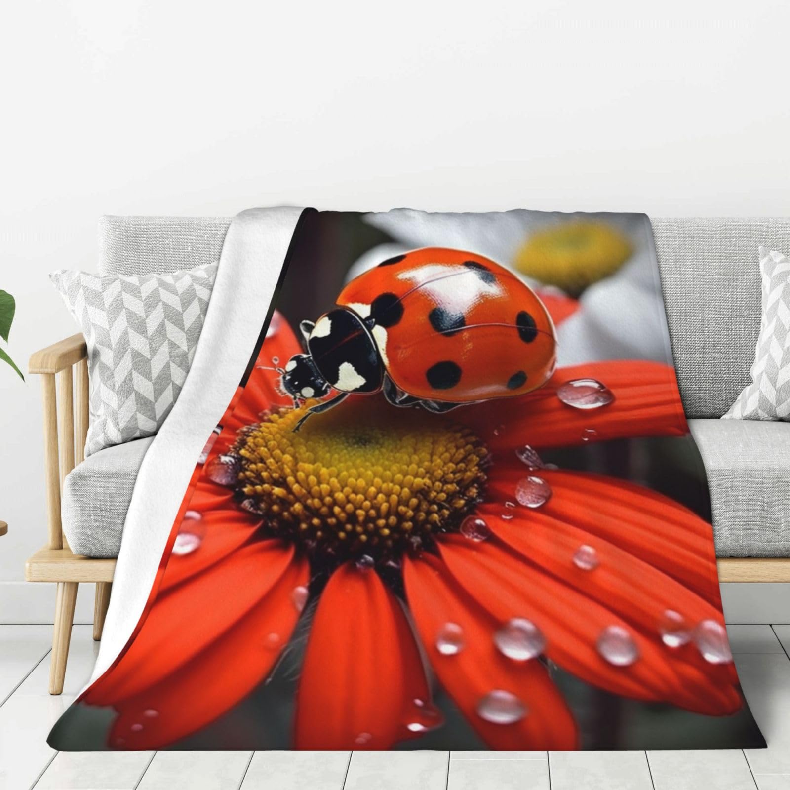 Ladybug Daisy Throw Blanket Plush Flannel Fleece Blanket, Soft Lightweight Cozy Blankets 80"X60" for Bed Couch Sofa Travel