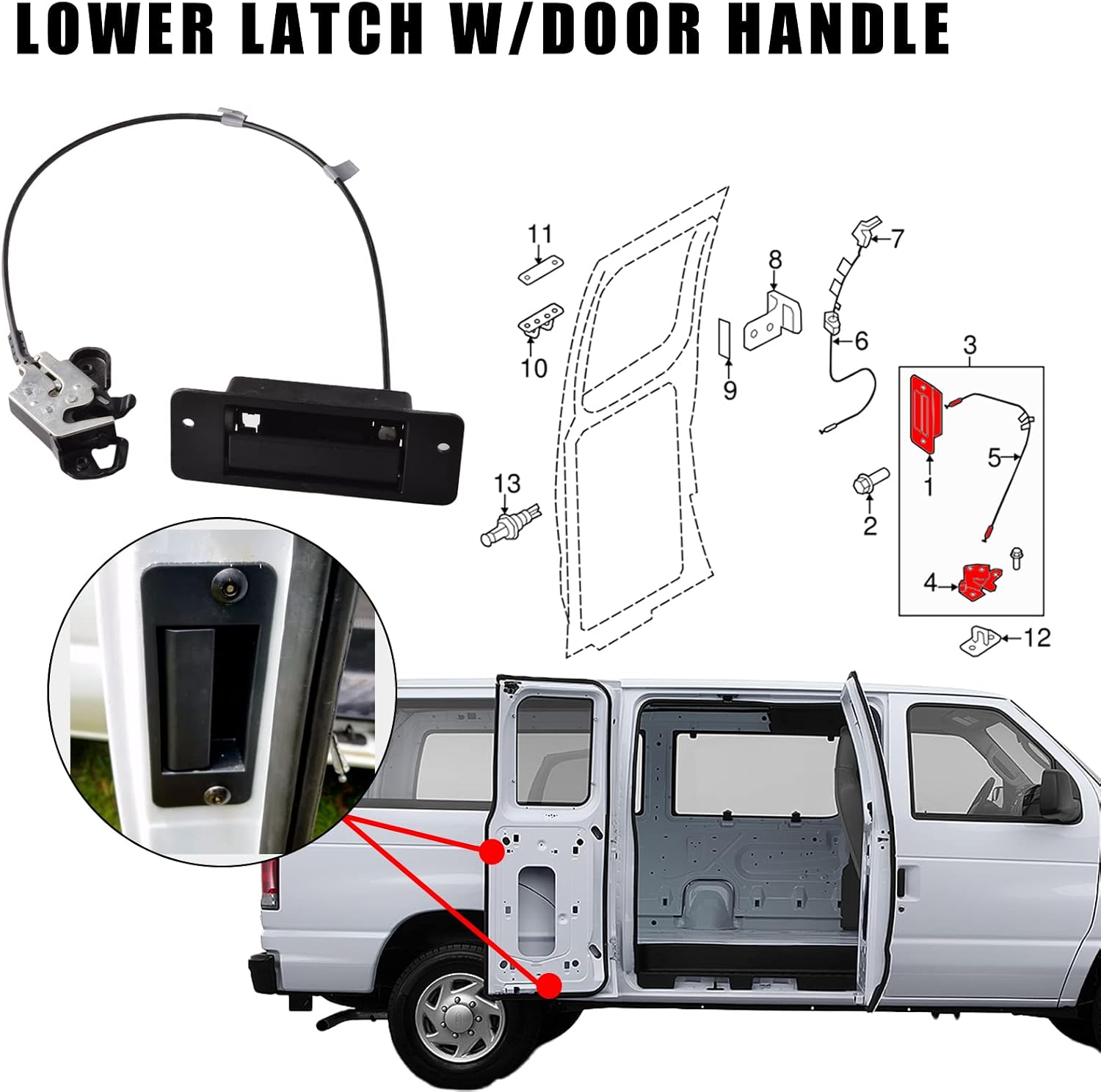 Lower Door Latch Assembly w/Door Handle Compatible for Ford E150 E250 E350 Van Superduty 2010-2018 Passenger Side Hinged Door Left 40% Replace Latch and Handle