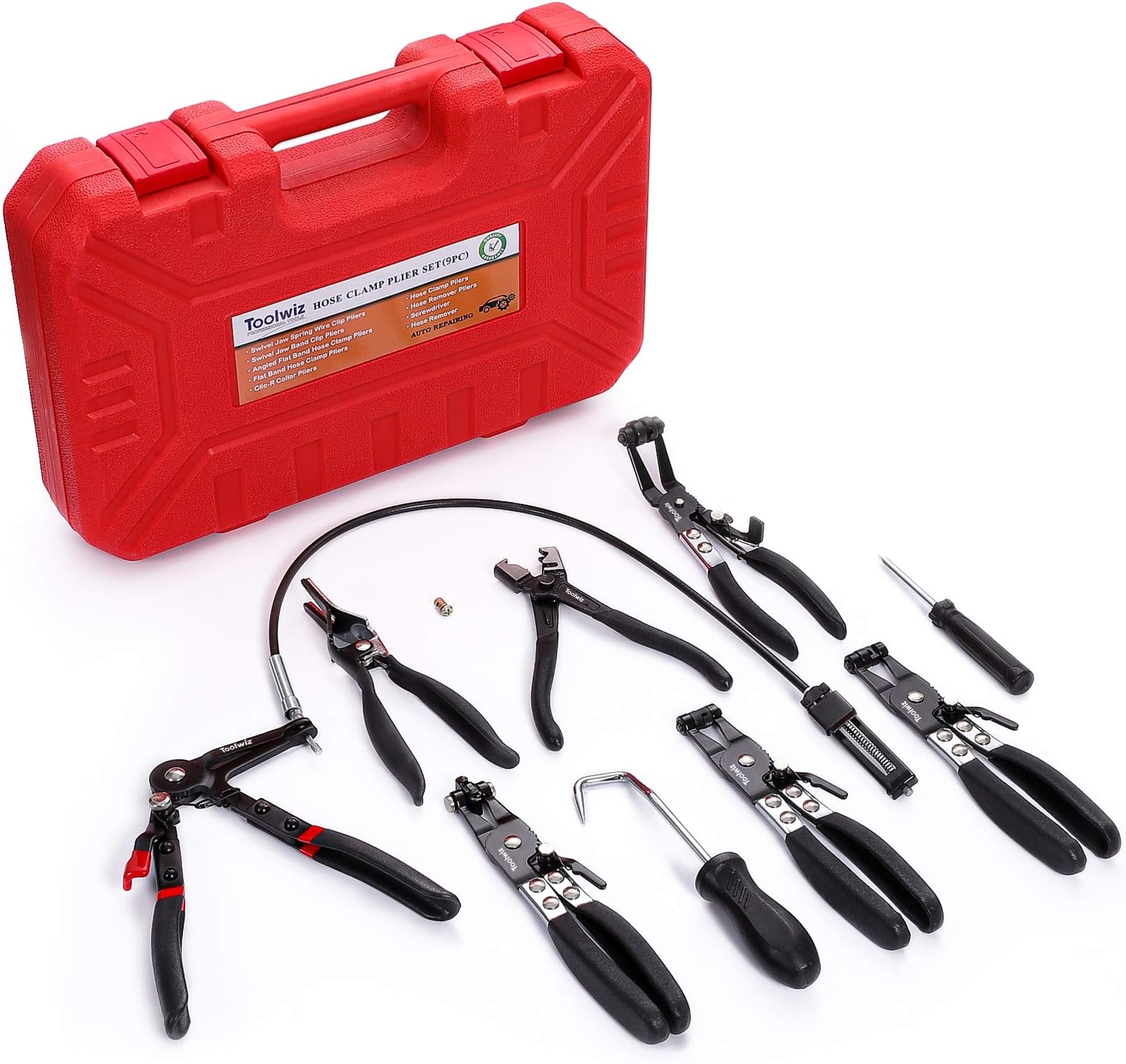 Toolwiz 9 Pcs Hose Clamp Pliers for Car Fuel Oil Water Hose Clamp Tool Long Reach Wire Sprayer with Tool Box for Car Coolant Radiator Heater (Upgraded Version)