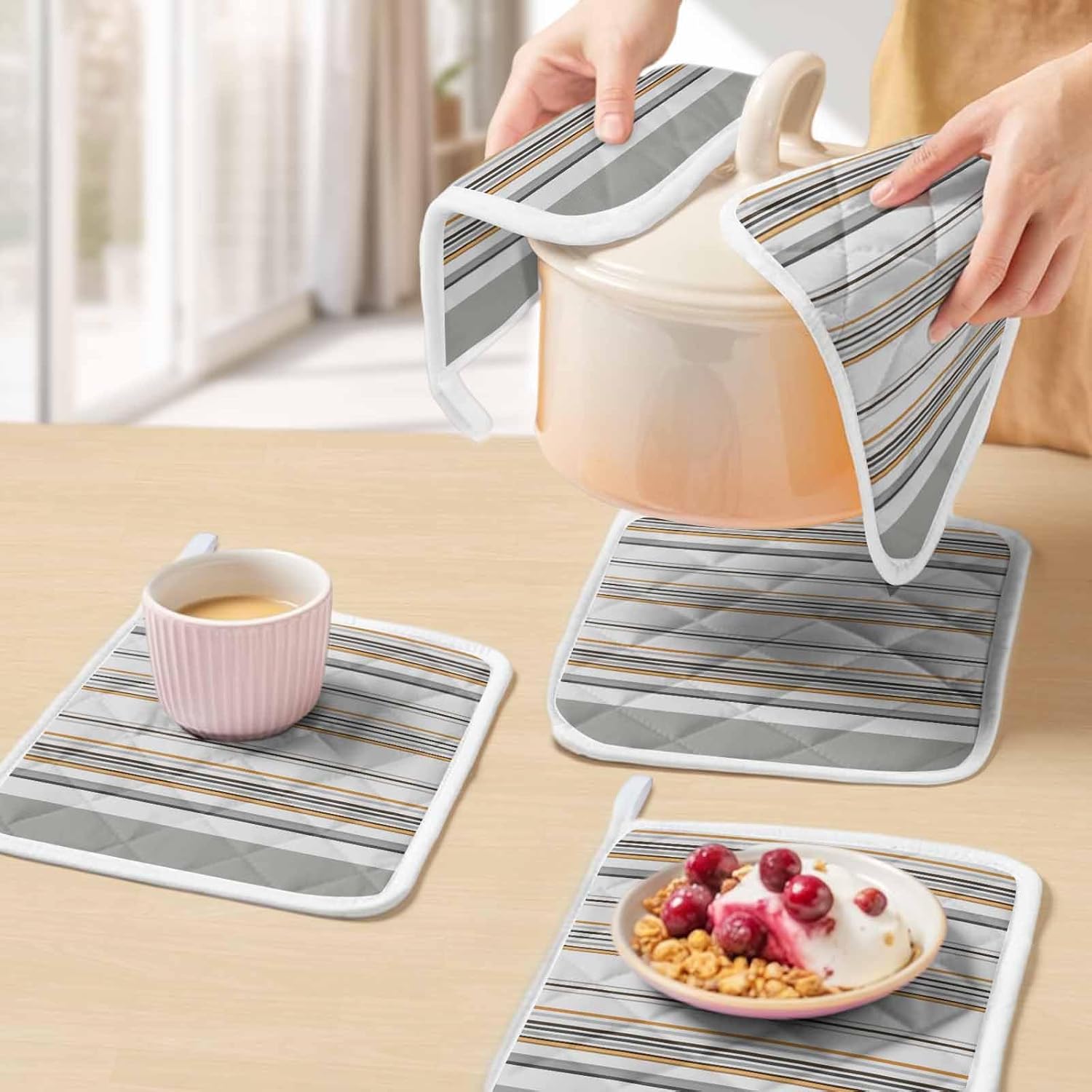 5 Pack Pot Holders for Kitchen, Grey Orange Thin Line Hot Pads for Kitchen Countertops Oven Pot Holder Bulk, Geometric Gray Stripes Heat Insulation Potholders with Hanging Loops