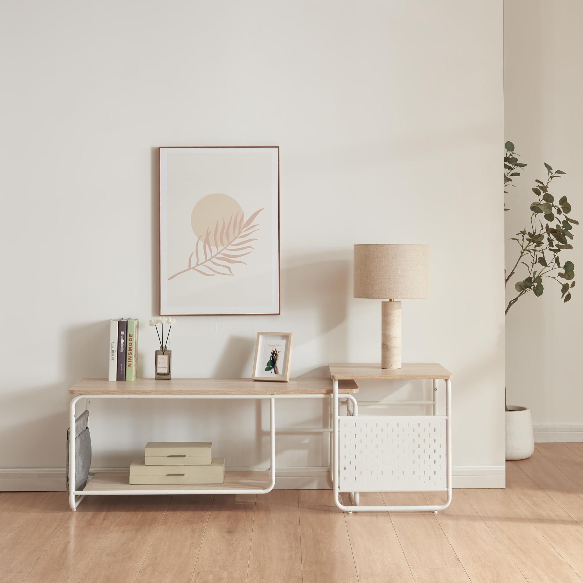 [en.casa] Set 2 in 1 Mobile TV e Tavolino Basso Stand TV e Centri Multimediali a 2 Ripiani 46,5 x 110 x 40 cm e Tavolino Basso Sovrapponibile 52 x 46 x 46 cm Bianco/Effetto Rovere