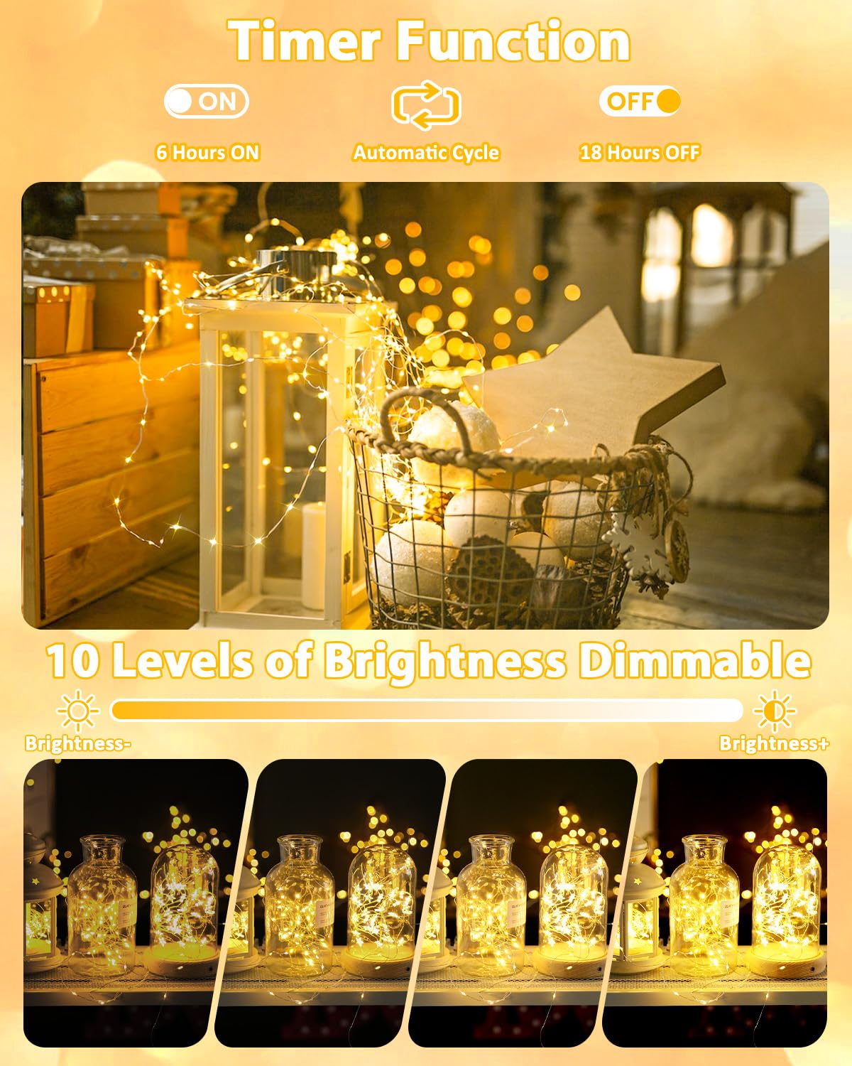 Confezione da 60 luci natalizie a batteria con telecomando, 8 modalità di luci con timer, dimmerabili, funzione memoria, luci scintillanti impermeabili per interni ed esterni (bianco caldo)