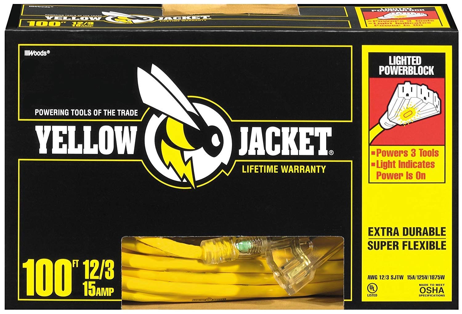 Yellow Jacket - 3 Outlet -12/3 Heavy-Duty 15-Amp SJTW Contractor Extension Cord with Lighted Ends, 100-Feetâ€¦