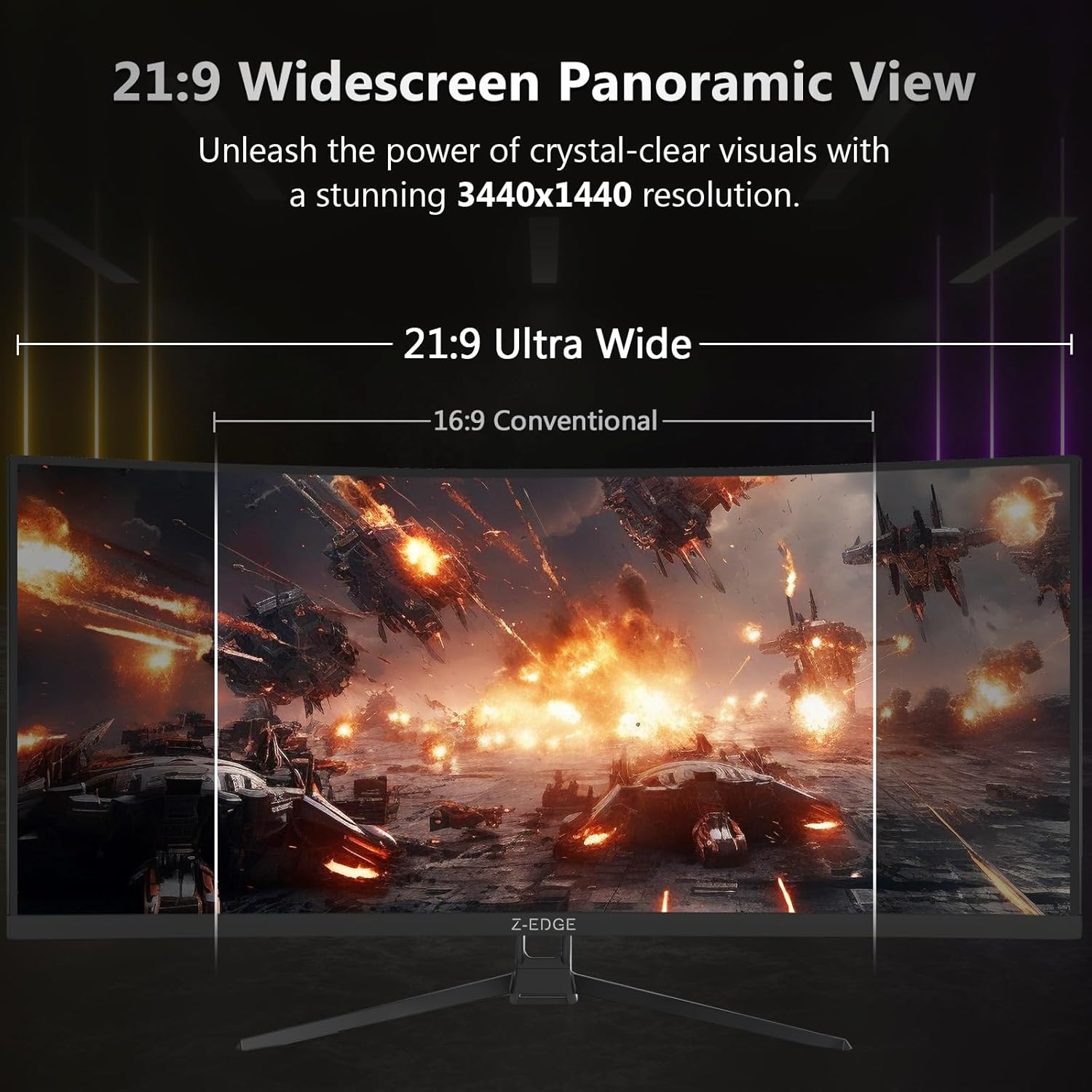 Z-Edge 34" Curved Gaming Monitor, WQHD 1440P 165Hz 144Hz PC Monitor, MPRT 1ms, 21:9 Aspect Ratio, 1500R, 16.7M Colors, 3000:1 Contrast, UG34 Frameless Bezel, 2X DP 1.4 Ports and 2X HDMI 2.0 Port