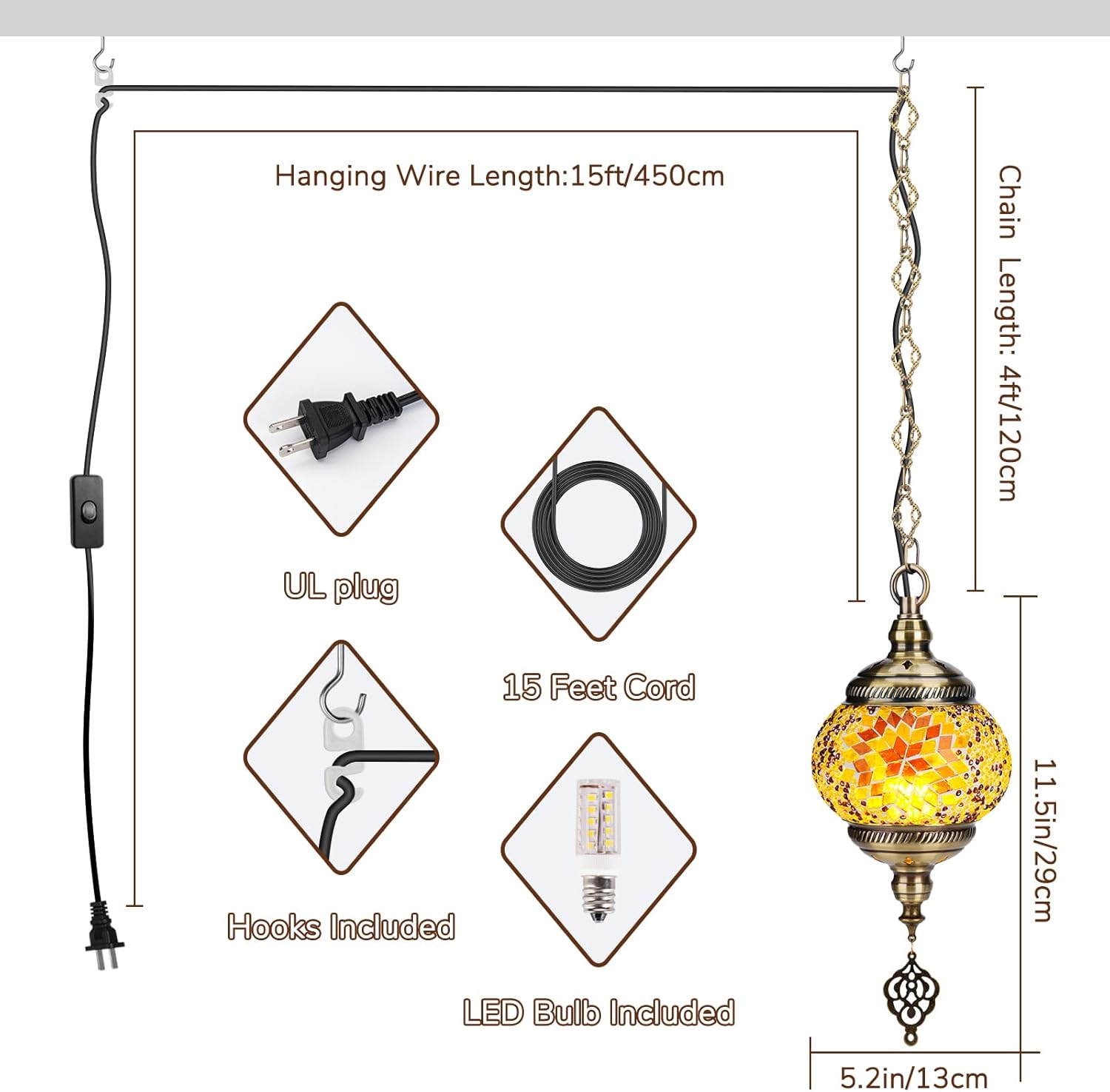 DIY Turkish Mosaic Lamp Kit, 5.2"D Plug-in Stained Glass Pendant Hanging Lamp Making Kit with 15ft Cord-No Skills Needed,Mosaic Art &Craft Project Kits for Adults&Teens, Make Your Own Lamp,Amber