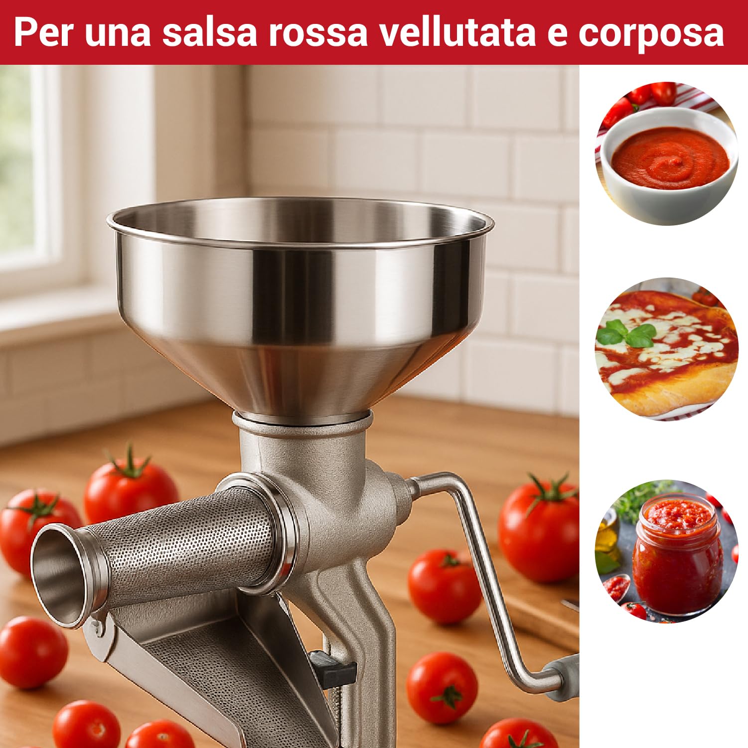 Crisalide® - Passapomodoro a Mano in Ghisa per Uso Alimentare, Elica in Plastica per Prodotti Caldi, Cono Filtro in Lamiera Stagnata, Imbuto e Sgocciolatoio in Acciaio Inox, Morsetto a Vite, 2,5 kg