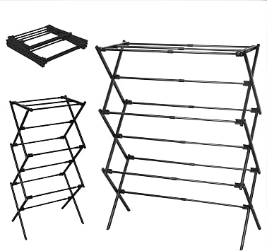 LOFTEY 3 Tier Clothes Airer, Extendable Cloth Laundry Drying Rack, Folding Clothes Horse Indoor & Outdoor, Space-Saving Maiden, Expands 43 to 74 cm Wide, Black