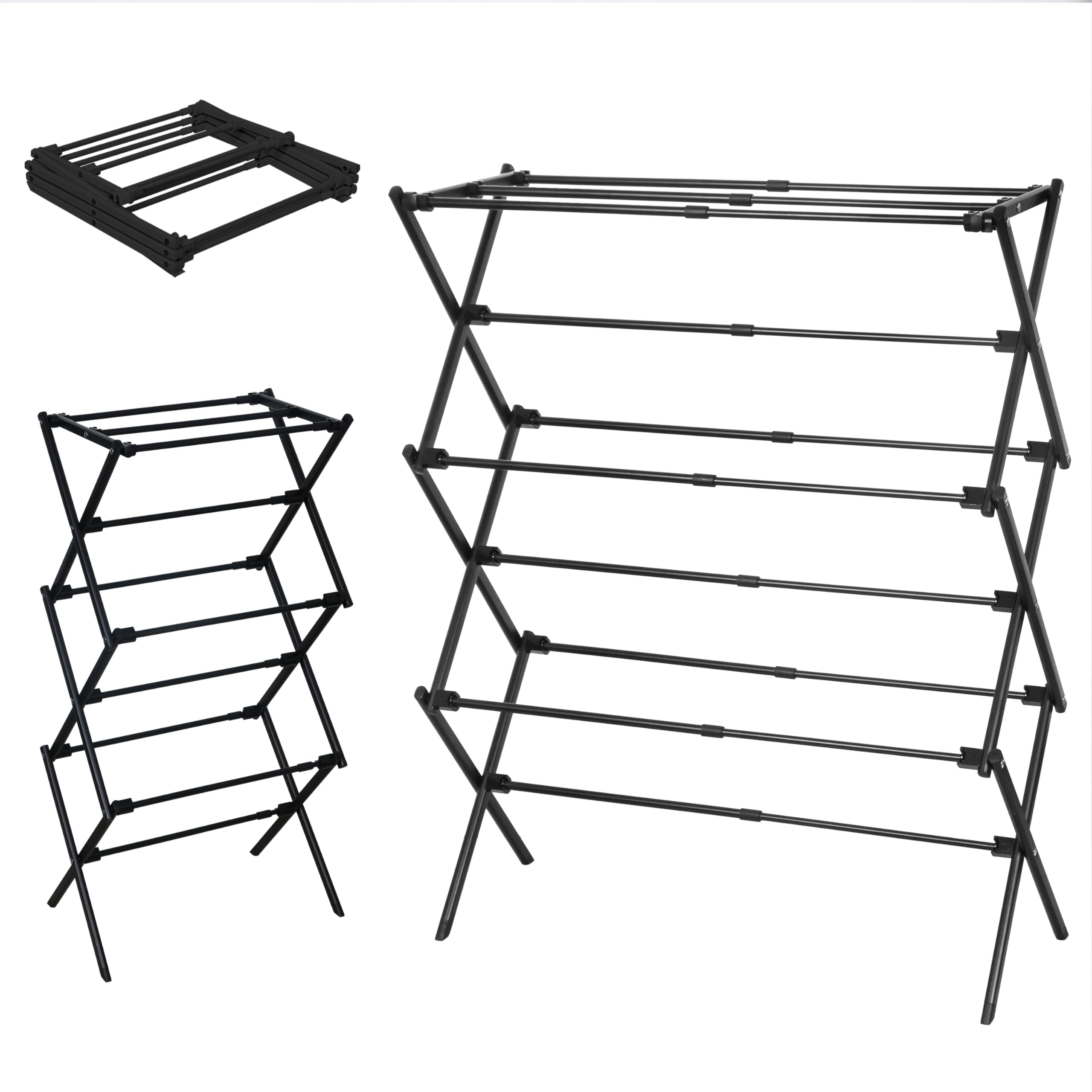 LOFTEY 3 Tier Clothes Airer, Extendable Cloth Laundry Drying Rack, Folding Clothes Horse Indoor & Outdoor, Space-Saving Maiden, Expands 43 to 74 cm Wide, Black