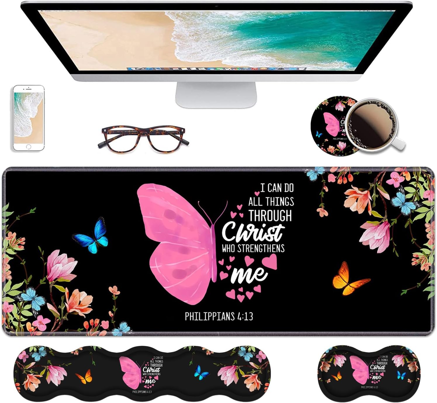 Ergonomic Keyboard Wrist Rest & Mouse Pad Wrist Rest Set,Large Gaming Desk Mat 31.5"x 11.8" with Memory Foam,Easy Typing Pain Relief for Home Office,Floral Butterfly Quote Bible Verse Philippians 4:13