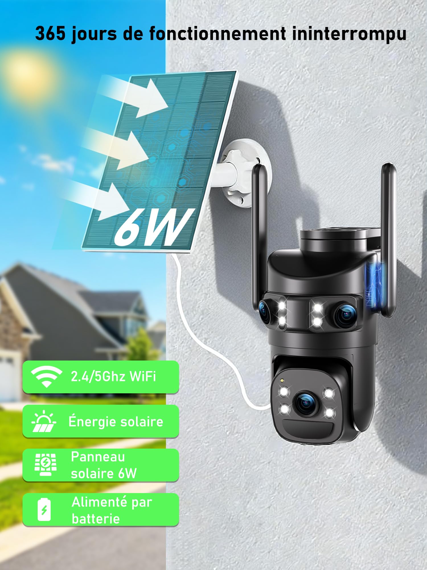 4K Camera Vigilancia WiFi Exterior Inalámbrico, Triple Objetivo/Cámara Solar/Batería, 360° PTZ Seguridad en el hogar, Visión Vocturne 30M, Alarma, Audio bidireccional, Seguimiento automático,2PCS