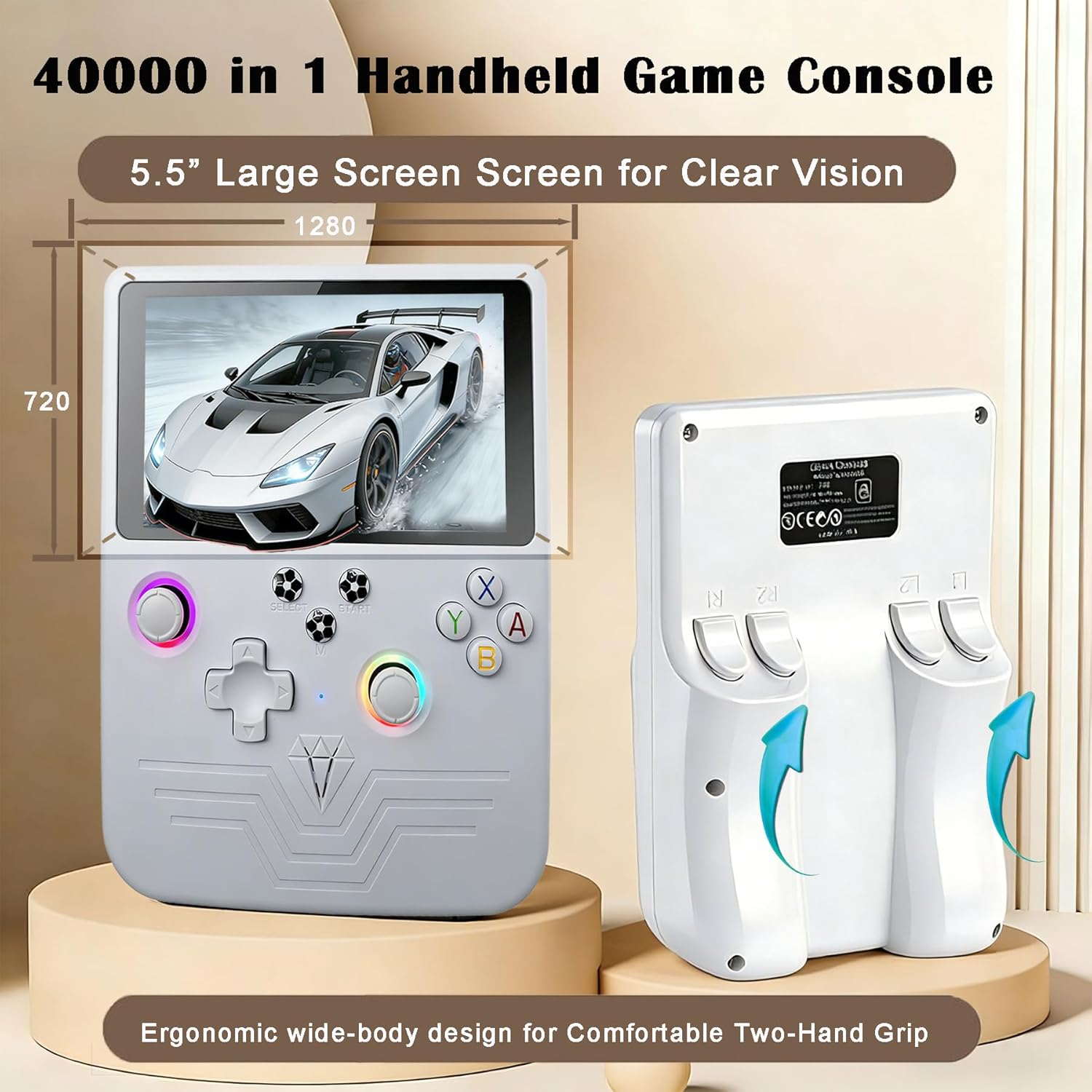 RegiisJoy R60MAX Handheld Game Console, 5.5 Inch IPS Screen Retro Gaming Consoles, 40000 in 1 Portable Mini Pocket Arcade, 6000mAh Battery,128G TF Card,RGB Joysticks