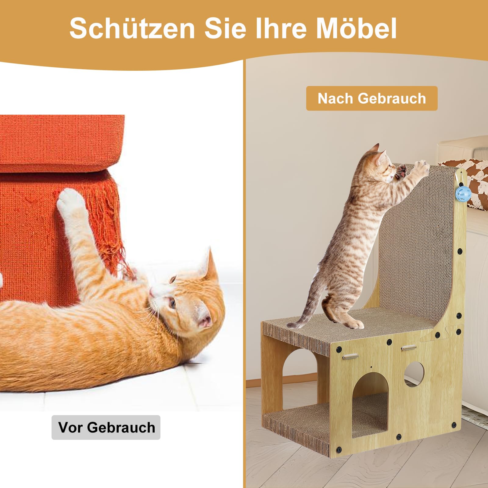 Kratzbrett Katzen Kratzpappe mit Katzenhaus Pappe - 65 cm hohe L förmige Kratzpad Lounge Wellpappe Katzenbaum Haus mit 4 Ballspielzeug Katzenkratzbrett Katzenhöhle für Indoor Katzen als Möbelschutz
