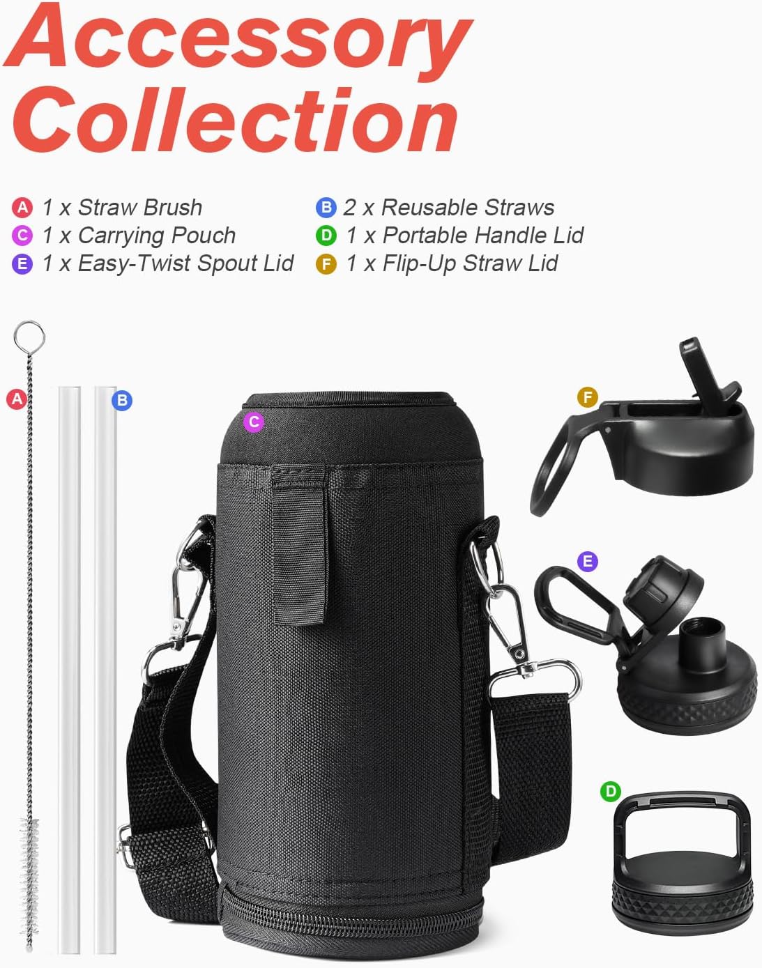 Water Bottle 32 oz Insulated with Straw, Coolflask Stainless Steel Metal 3 Lids Water Flask Wide Mouth for Sports or Office, Non-BPA Keep Cold Up to 48 Hrs or Hot Up to 24 Hrs, Magic Black - Image 7