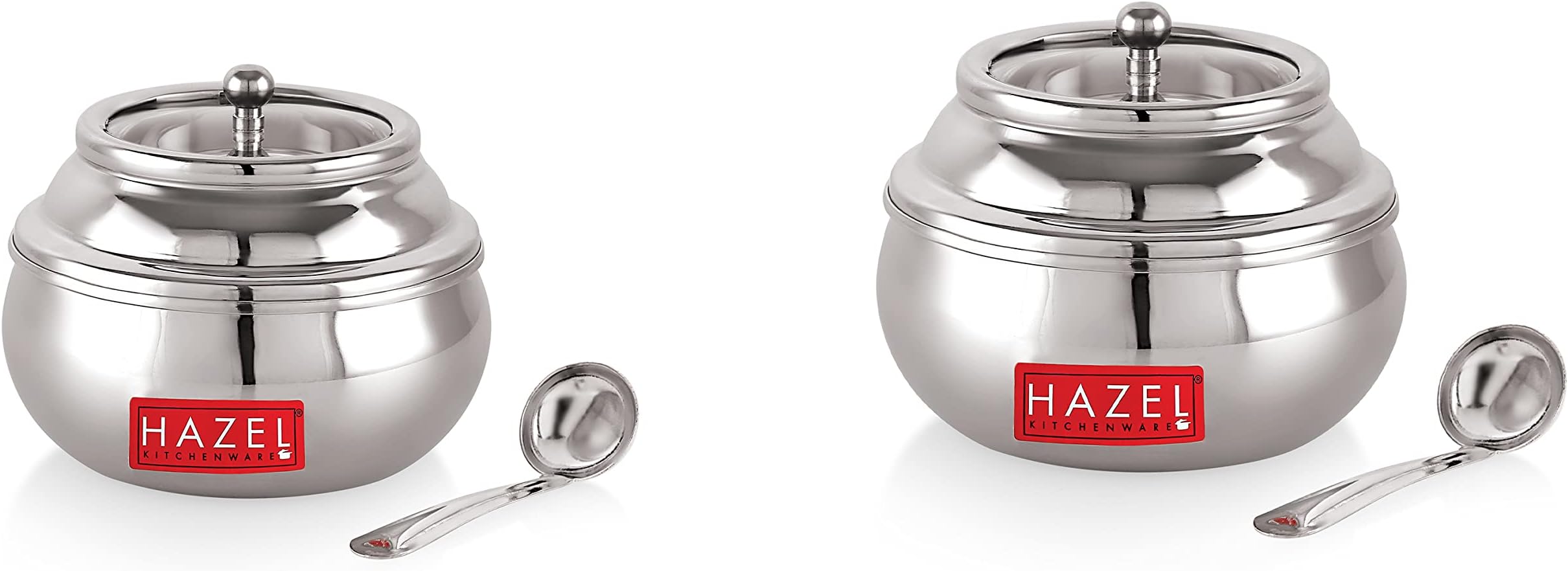 HAZEL Stainless Steel Ghee Pot with Spoon & See Through Lid | Oil Containers for Kitchen | Ghee Storage Container with Glossy Finish, Set of 2, 200 ML & 250 ML