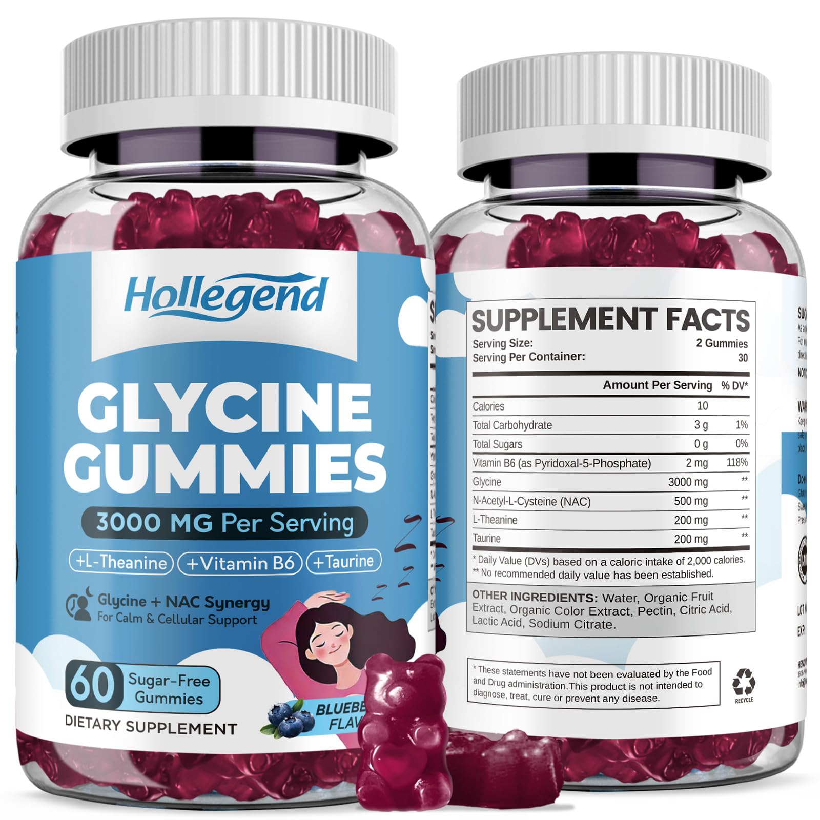 Glycine 3g Gummies, Organic L-Glycine Supplements with L-Theanine for Sleep