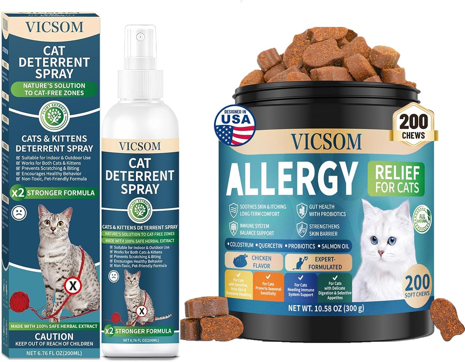 VICSOM Cat Allergy Relief Chews & Cat Deterrent Spray Bundle -200 Count Soft Chews + 6.760zNatural Cat Scratch Deterrent Spray for Skin Comfort & Furniture Protection