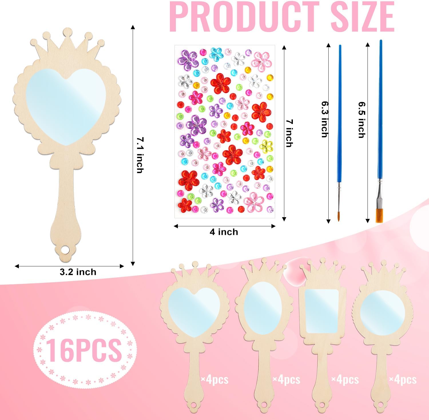 16 Pack Wooden Mirror Craft for Kids, DIY Princess Mirrors for Girls, Paint Wooden Hand Mirror for Art Activities
