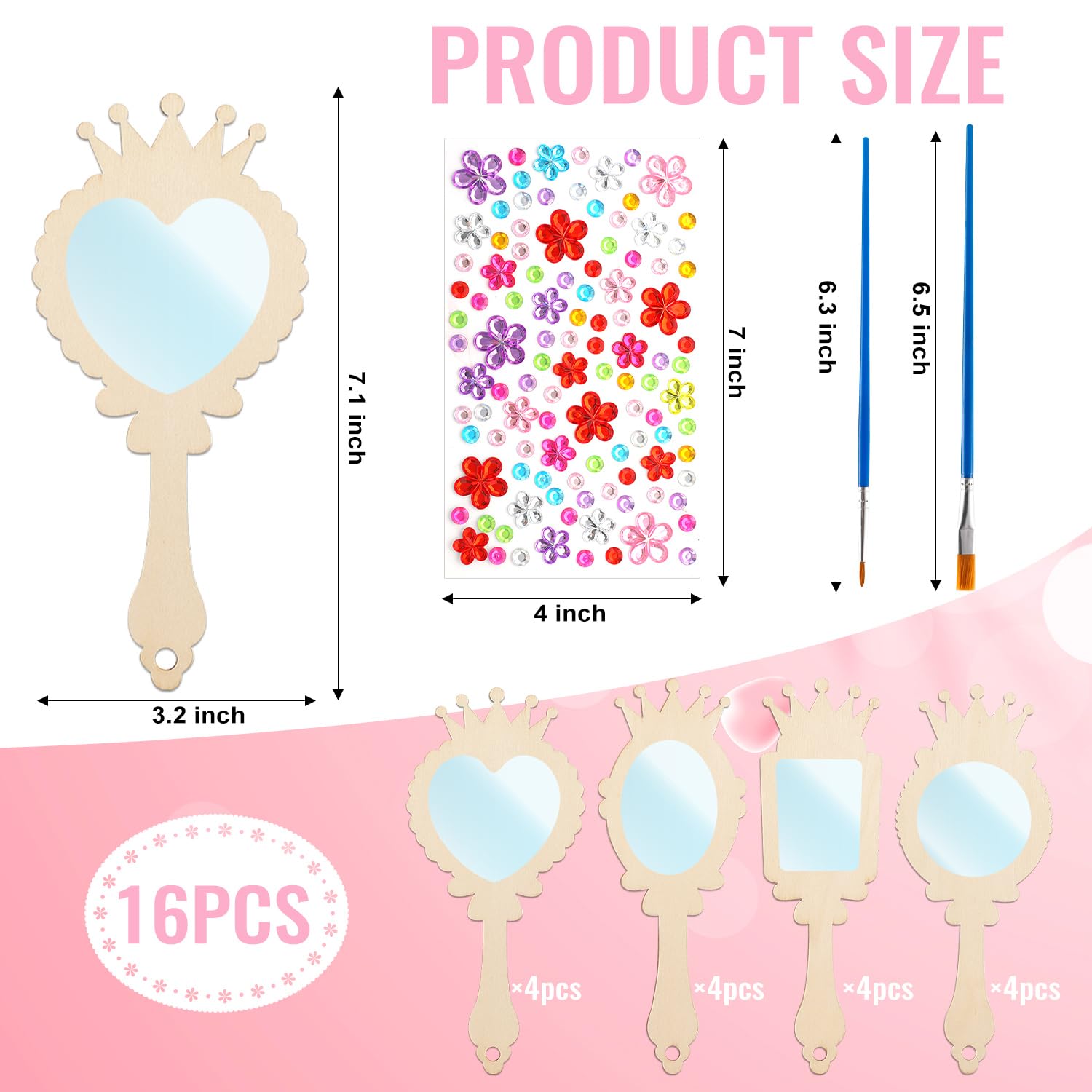 XJWWHZ 12 Pack Wooden Mirror Craft for Kids, DIY Princess Mirrors for Girls, Paint Wooden Hand Mirror for Art Activities
