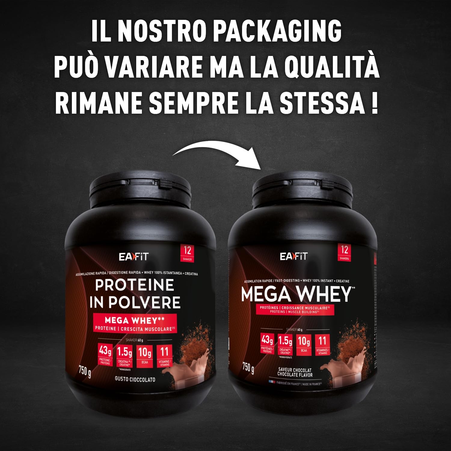 Proteine Whey Mega Whey EAFIT 750g, 100% Proteine in Polvere del Siero del Latte Istantaneo, Cioccolato, BCAA, Creatina, Aminoacidi Enzimi Digestivi, Massa Muscolare, Assorbimento Rapido, Whey Protein | 43 g proteine per shaker, creatina monoidrato 1,5 g,
