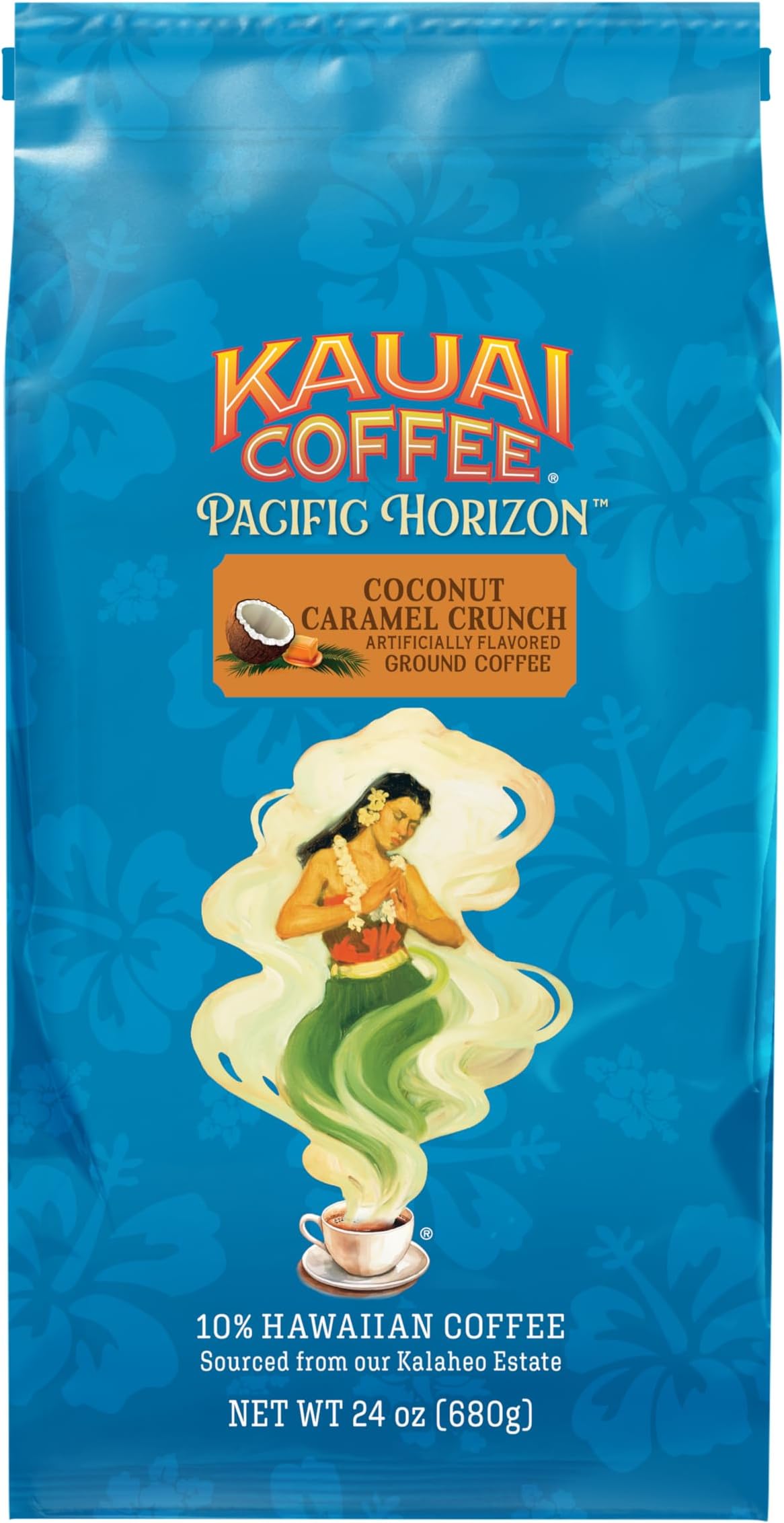 Ground Coffee – Smooth, Rich, Medium Roast – Nutty Caramel and Tropical Coconut – Arabica Coffee, 10% Hawaiian with No Bitterness – Coconut Caramel Crunch, 1 Pack of 24oz